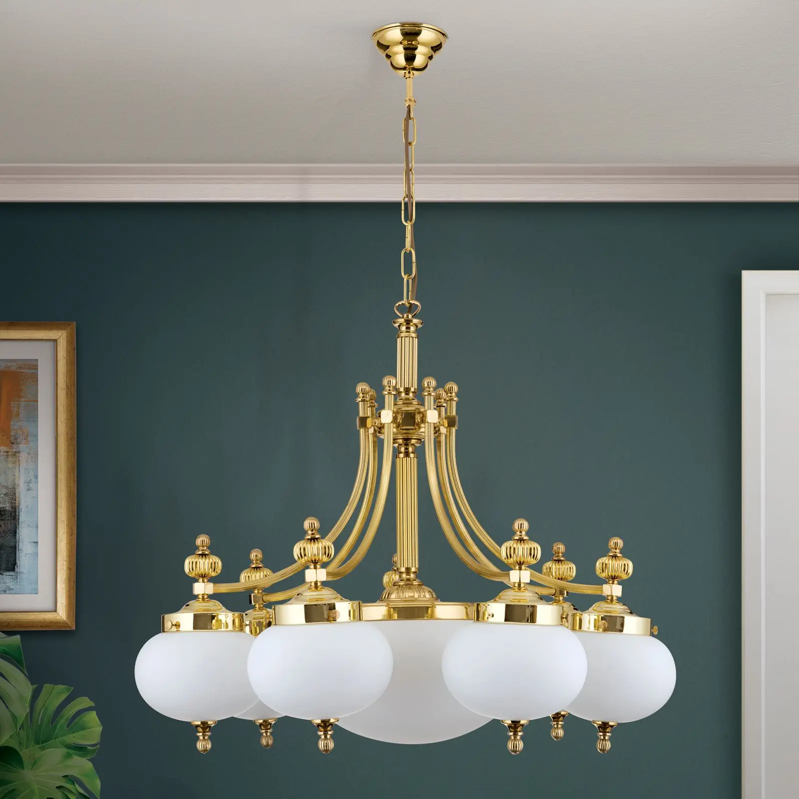 Luster WIENER NOSTALGIE, 7+1 izvora svetla, sjajni mesing, sa opal mat staklom, usmeren nadole - 3