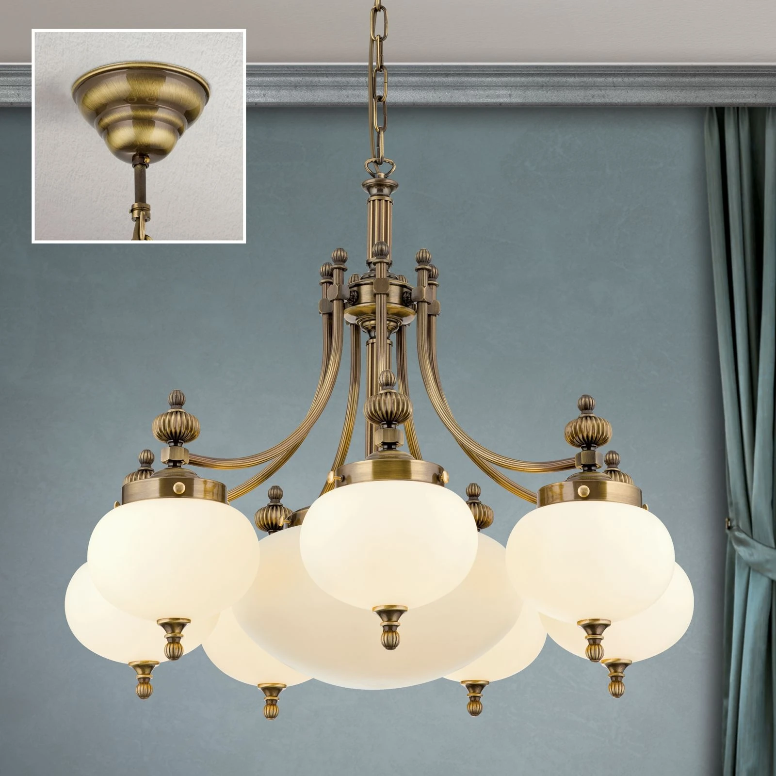 Luster WIENER NOSTALGIE, 7+1 izvora svetla, nadole, antik mesing, šampanj mat staklo - 2