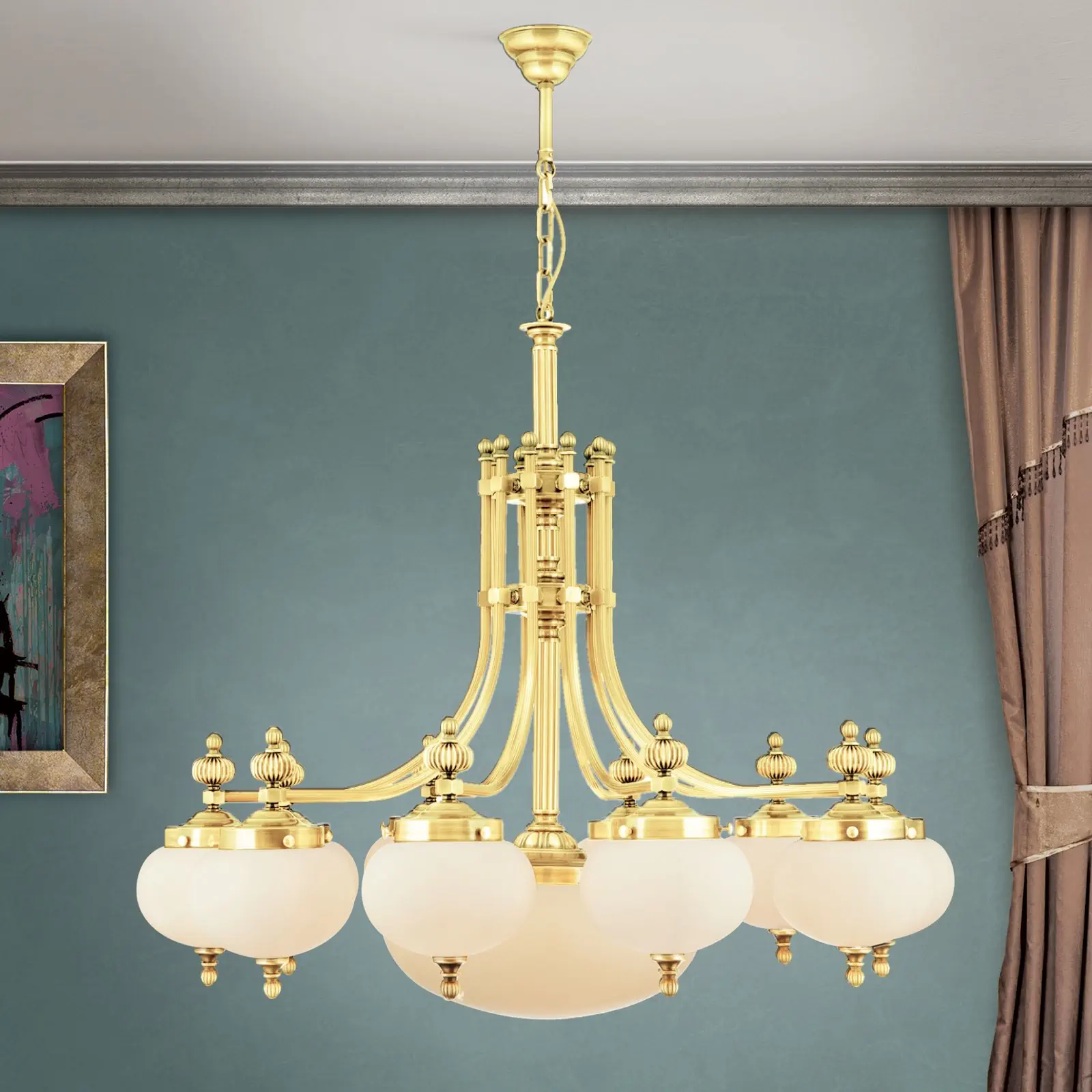 Luster WIENER NOSTALGIE, 10+1 izvora svetla, sjajni mesing, sa opal mat staklom, usmeren nadole