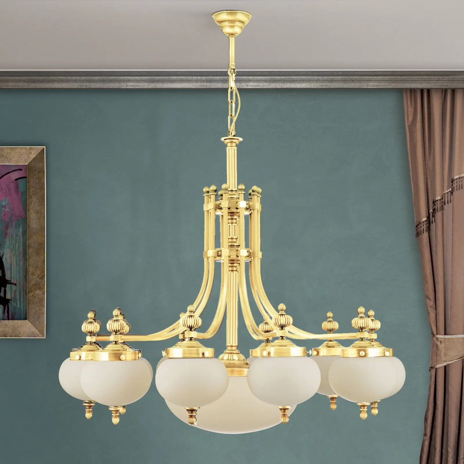 Luster WIENER NOSTALGIE, 10+1 izvora svetla, sjajni mesing, sa opal mat staklom, usmeren nadole - 2