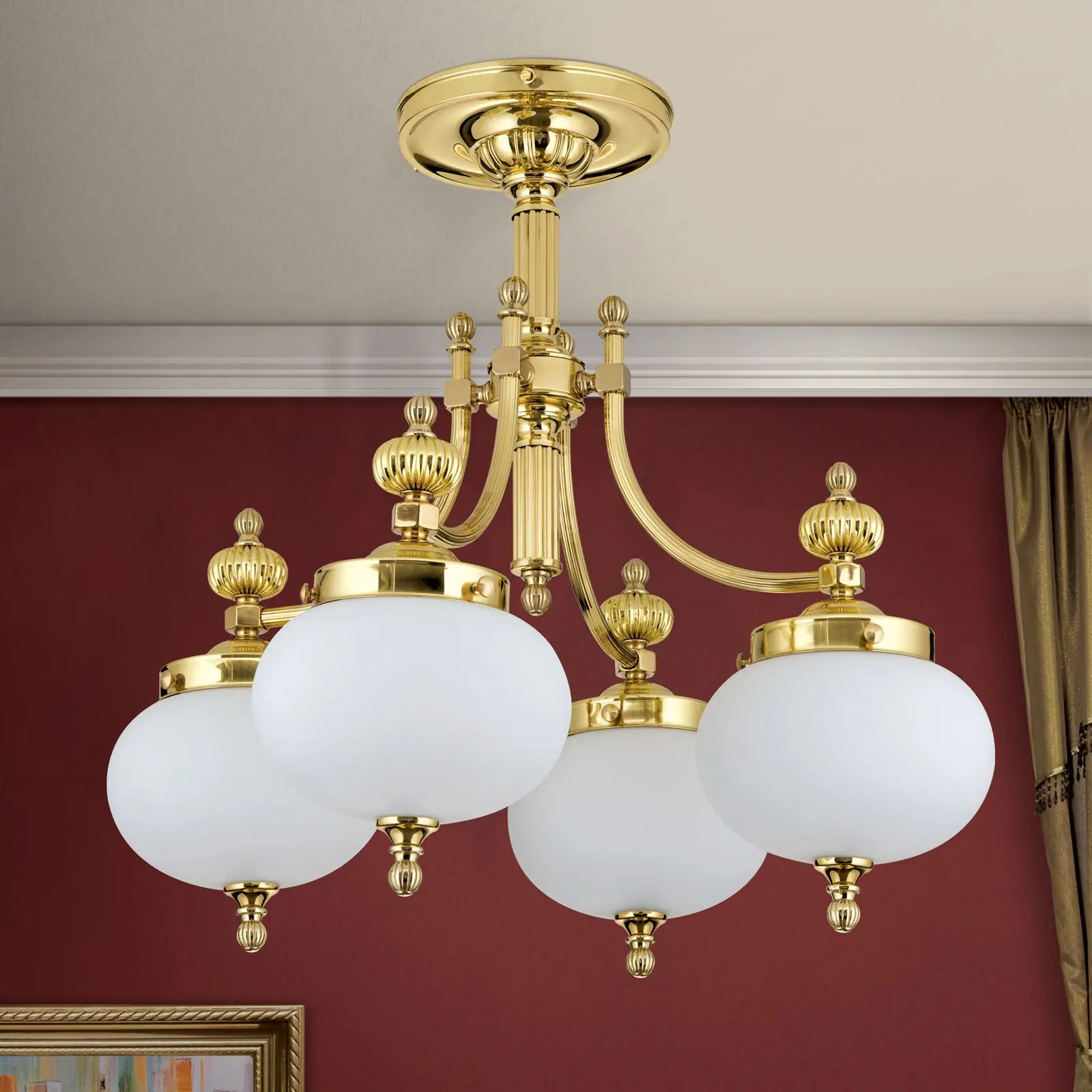 Plafonski luster WIENER NOSTALGIE, sa 4 izvora svetla, sjajni mesing, sa opalno mat staklom - 3