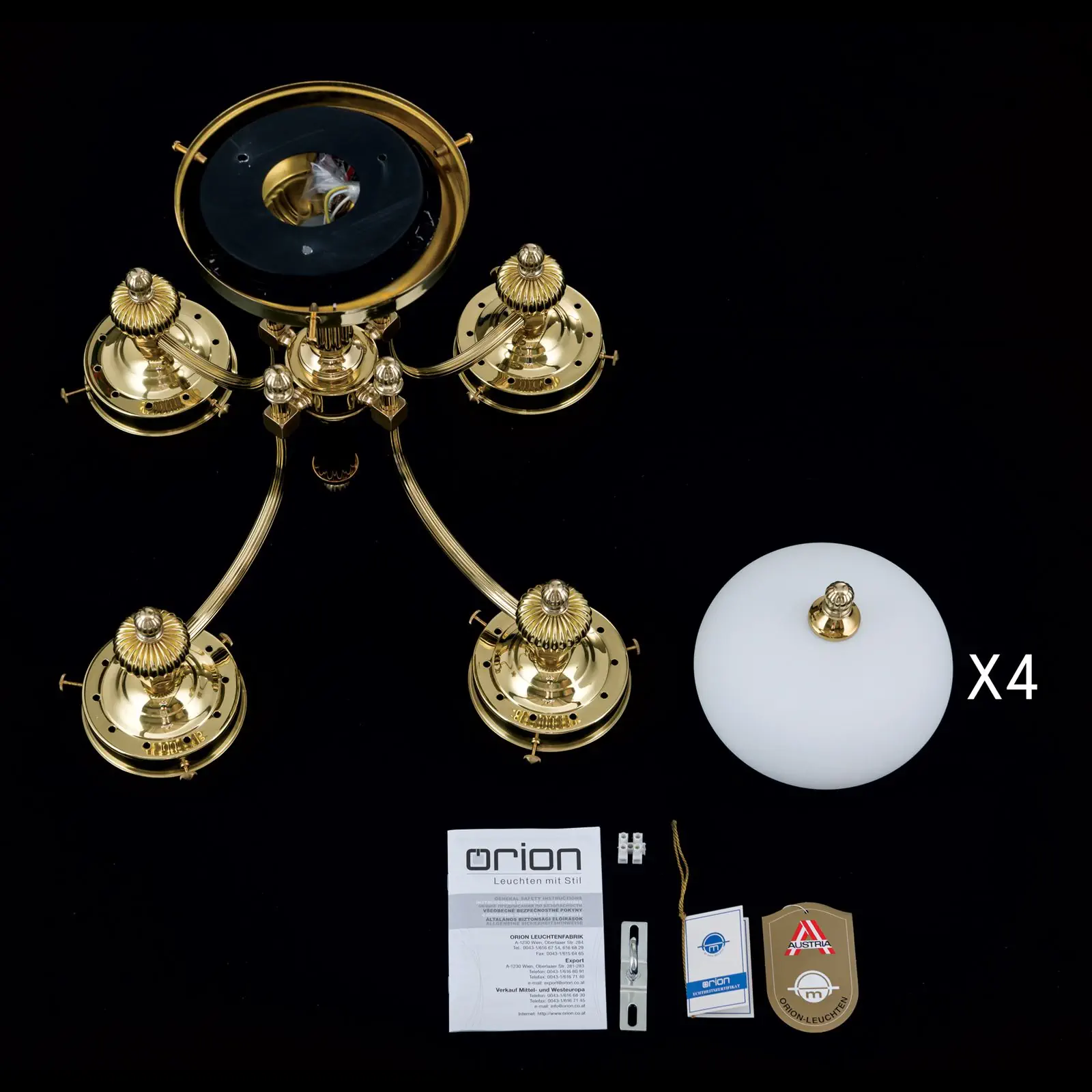 Plafonski luster WIENER NOSTALGIE, sa 4 izvora svetla, sjajni mesing, sa opalno mat staklom - 8