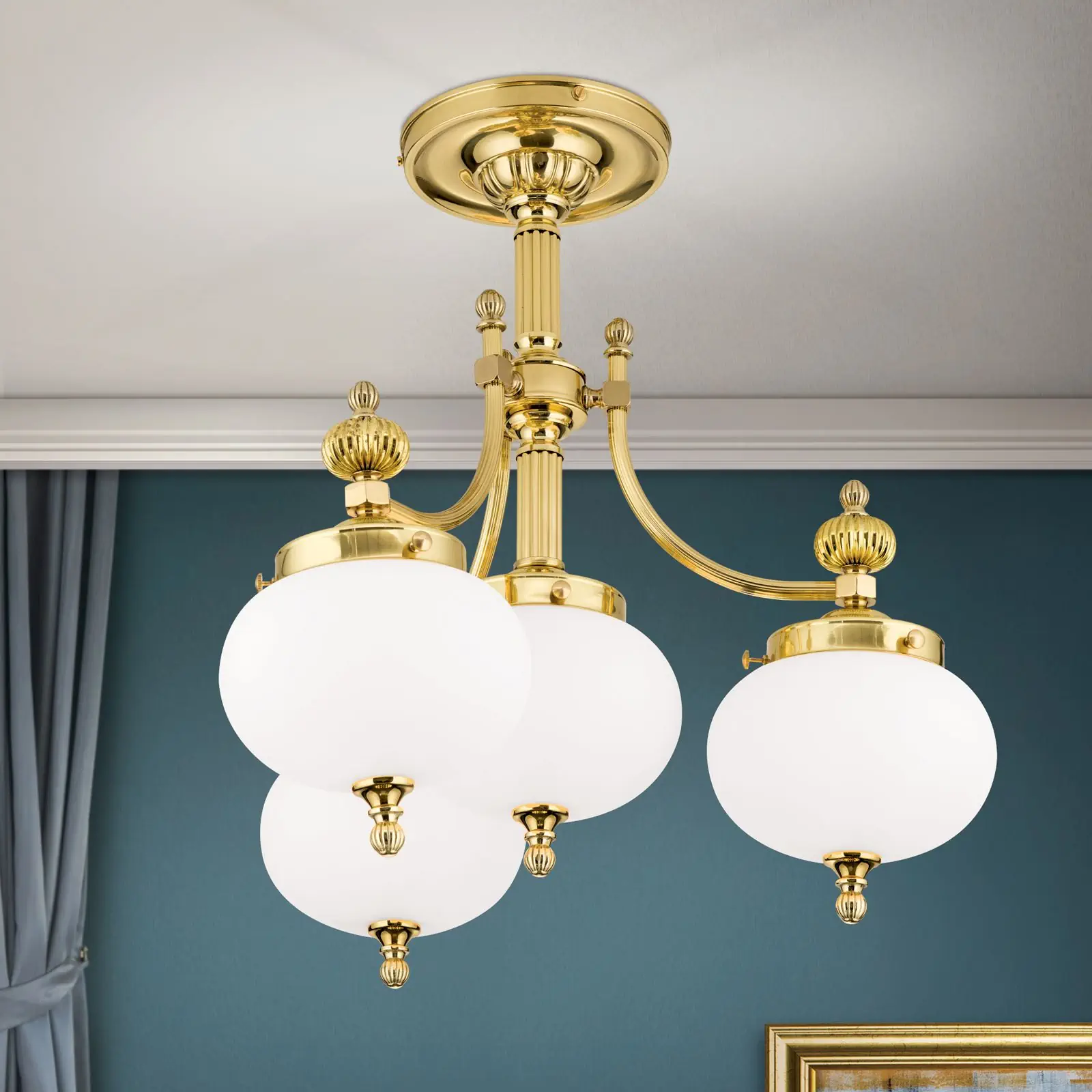 Plafonski luster WIENER NOSTALGIE, sa 3+1 izvora svetla, sjajni mesing, sa opalno mat staklom - 2