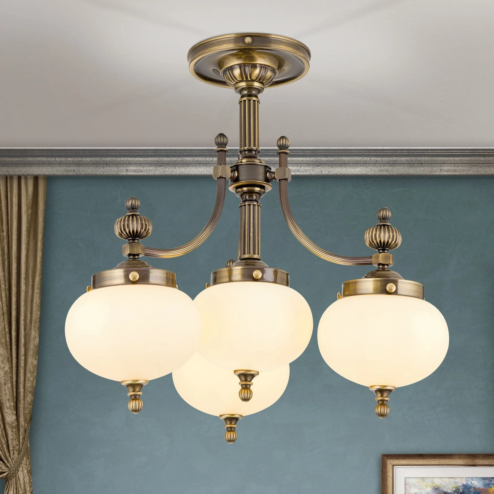 Plafonski luster WIENER NOSTALGIE, 3+1 izvora svetla, antik mesing, šampanj staklo - 1