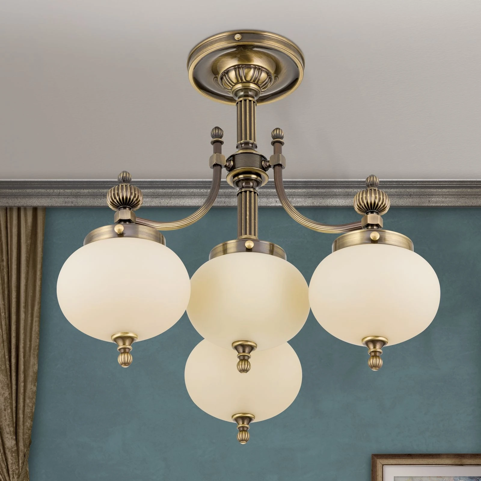 Plafonski luster WIENER NOSTALGIE, 3+1 izvora svetla, antik mesing, šampanj staklo - 3