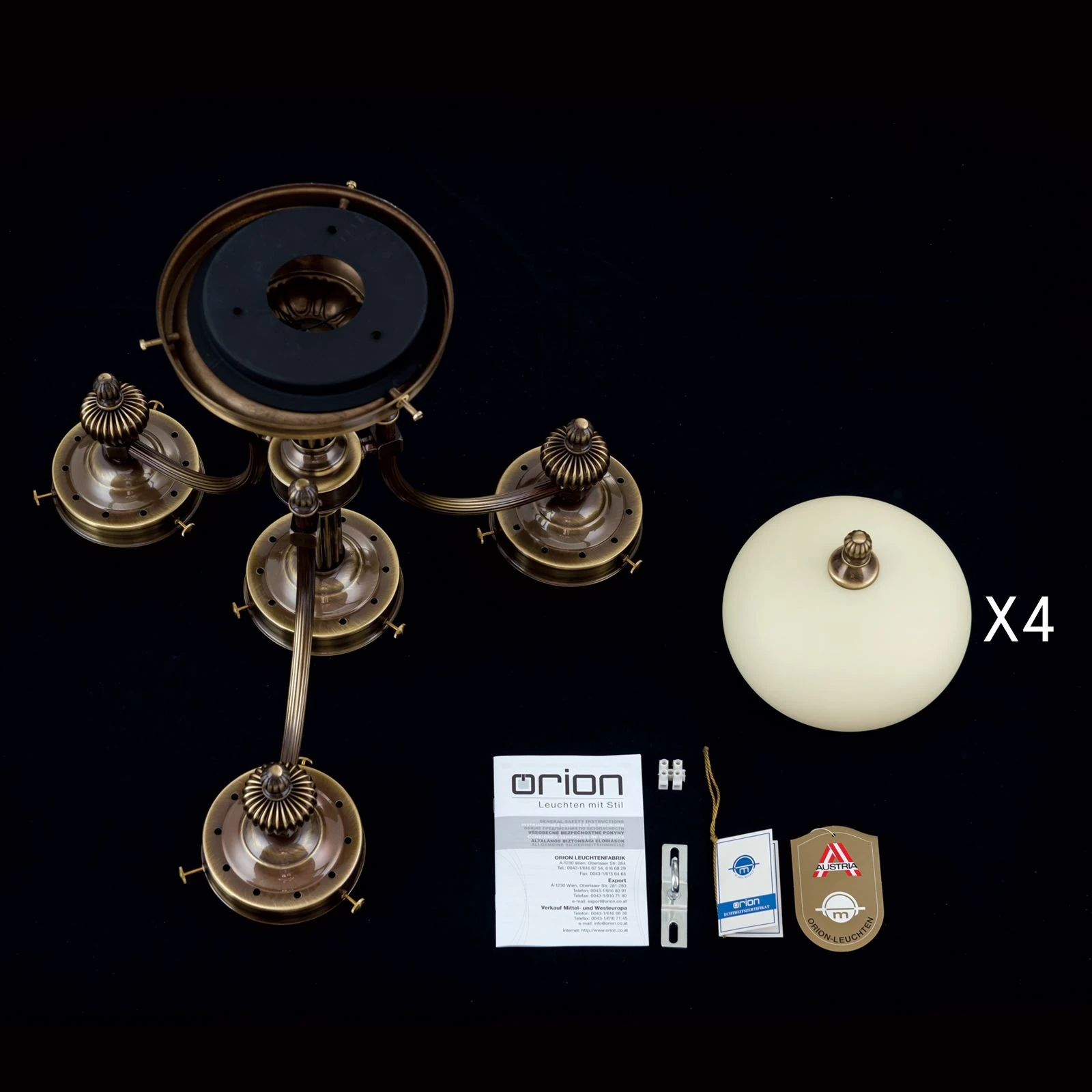 Plafonski luster WIENER NOSTALGIE, 3+1 izvora svetla, antik mesing, šampanj staklo - 8