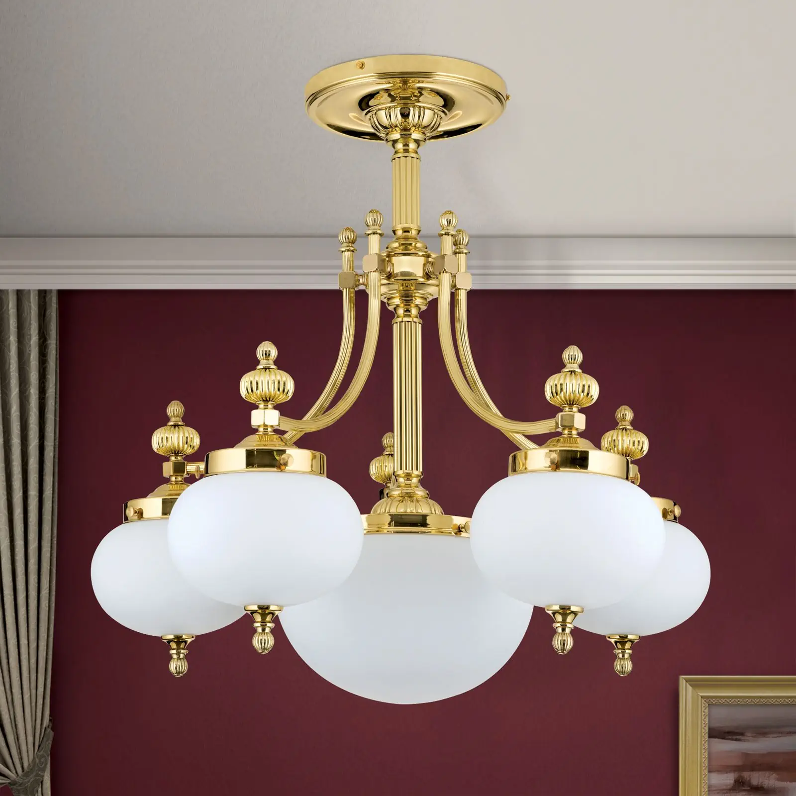 Plafonski luster WIENER NOSTALGIE, sa 5+1 izvora svetla, sjajni mesing, sa opalno mat staklom - 3