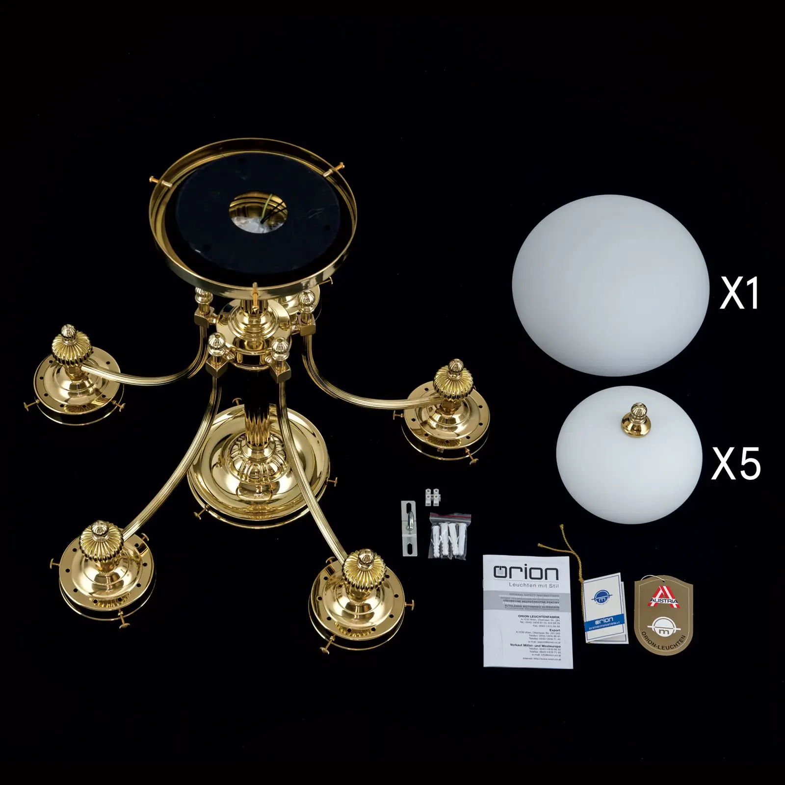 Plafonski luster WIENER NOSTALGIE, sa 5+1 izvora svetla, sjajni mesing, sa opalno mat staklom - 8