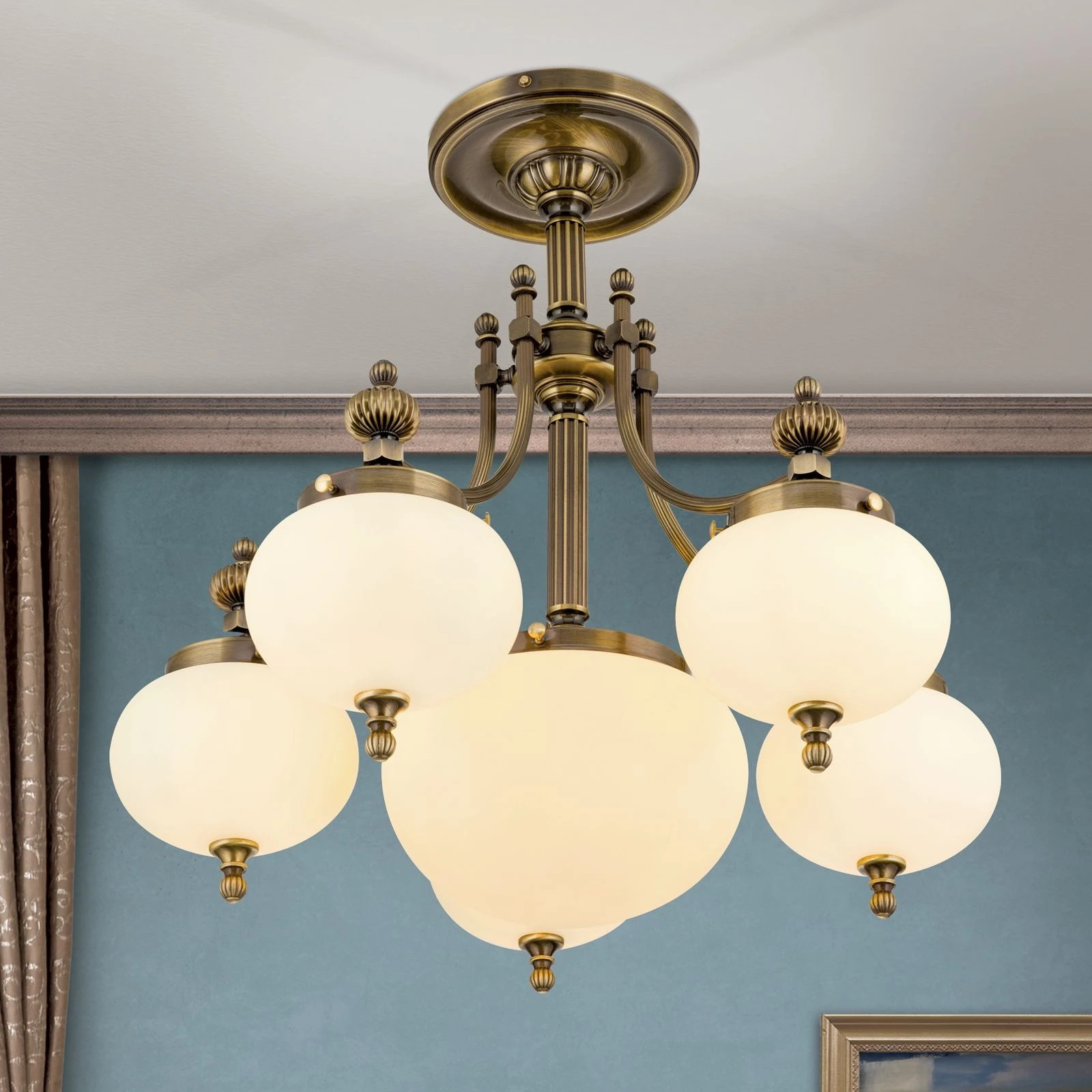 Plafonski luster WIENER NOSTALGIE, 5+1 izvora svetla, antik mesing, šampanj staklo - 2