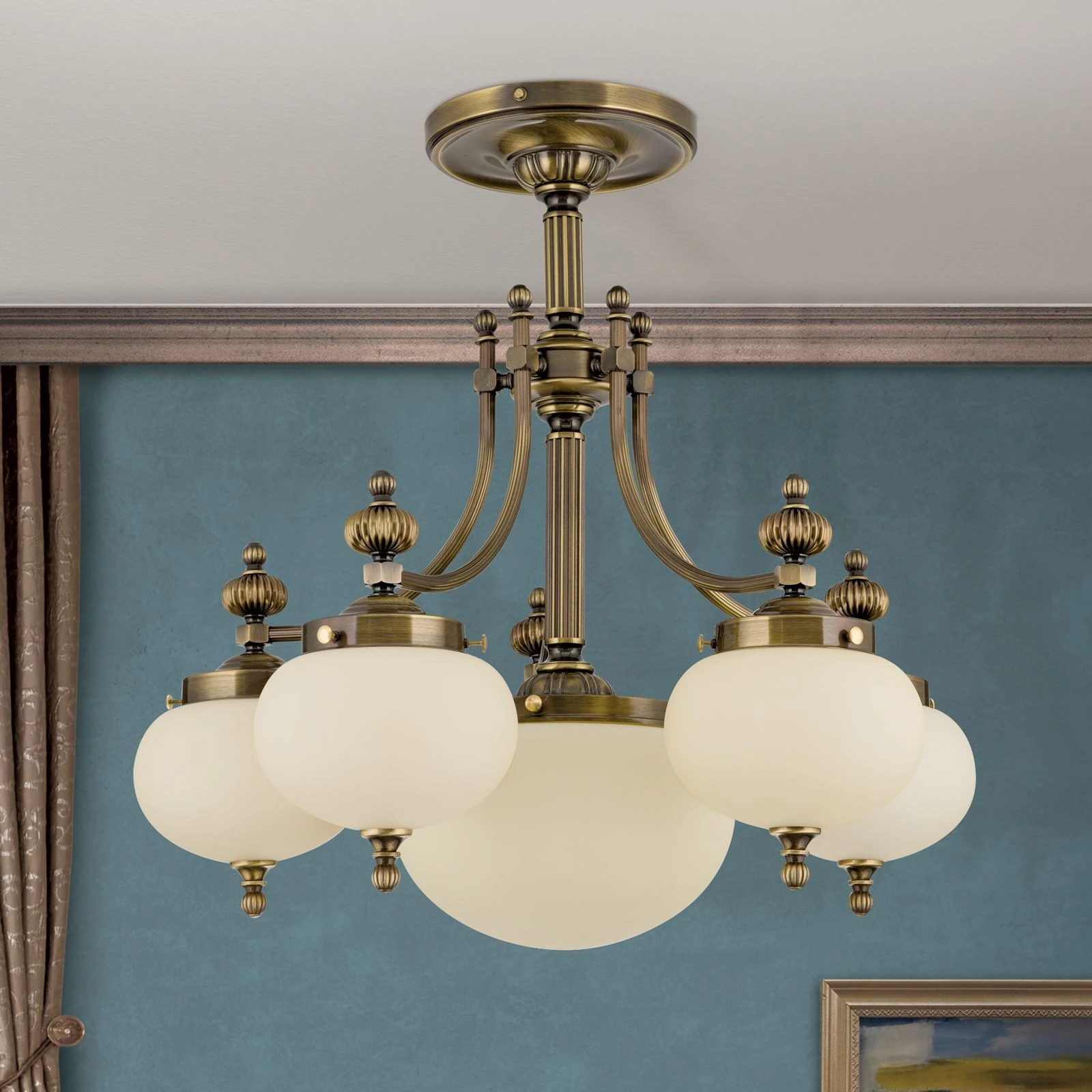 Plafonski luster WIENER NOSTALGIE, 5+1 izvora svetla, antik mesing, šampanj staklo - 3