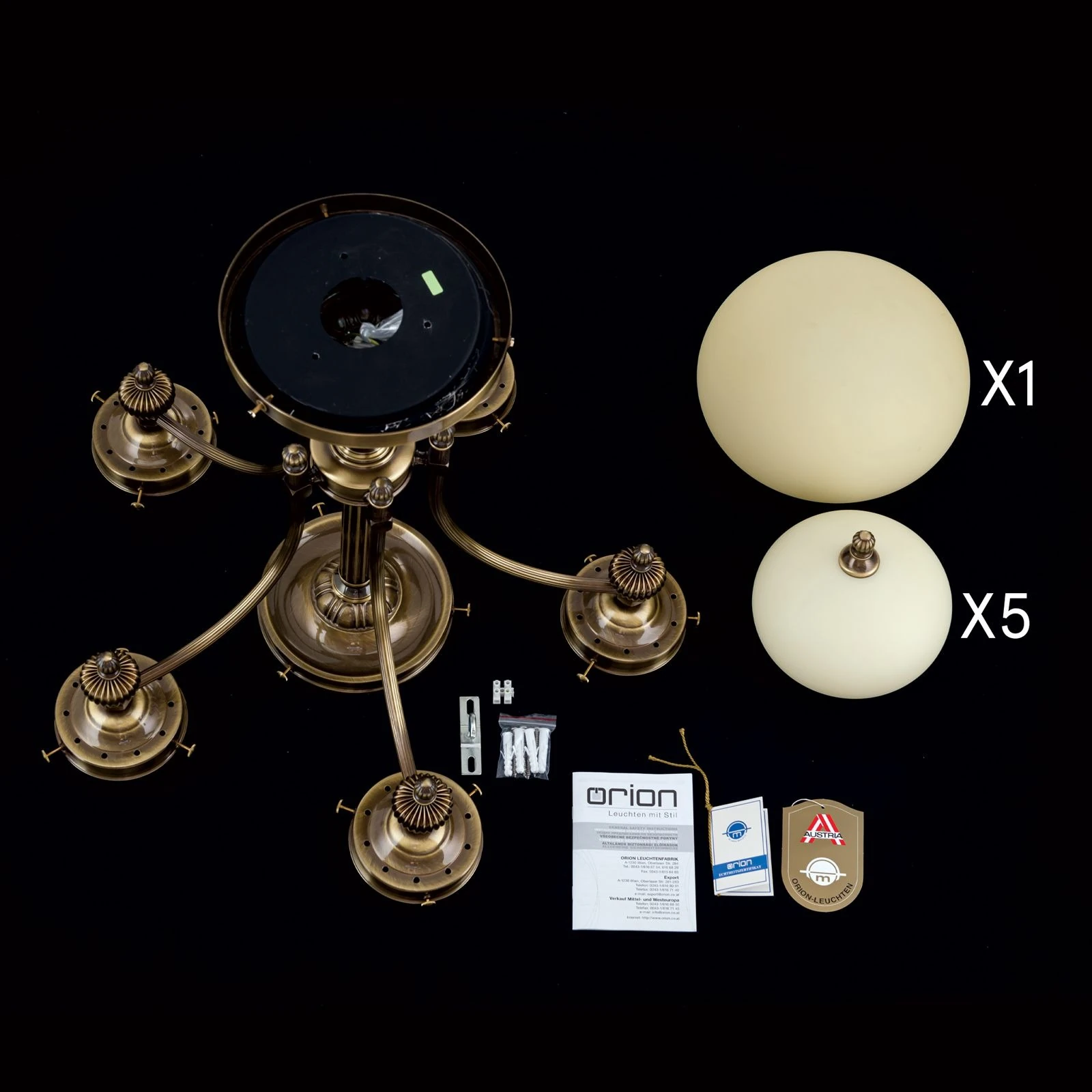 Plafonski luster WIENER NOSTALGIE, 5+1 izvora svetla, antik mesing, šampanj staklo - 8