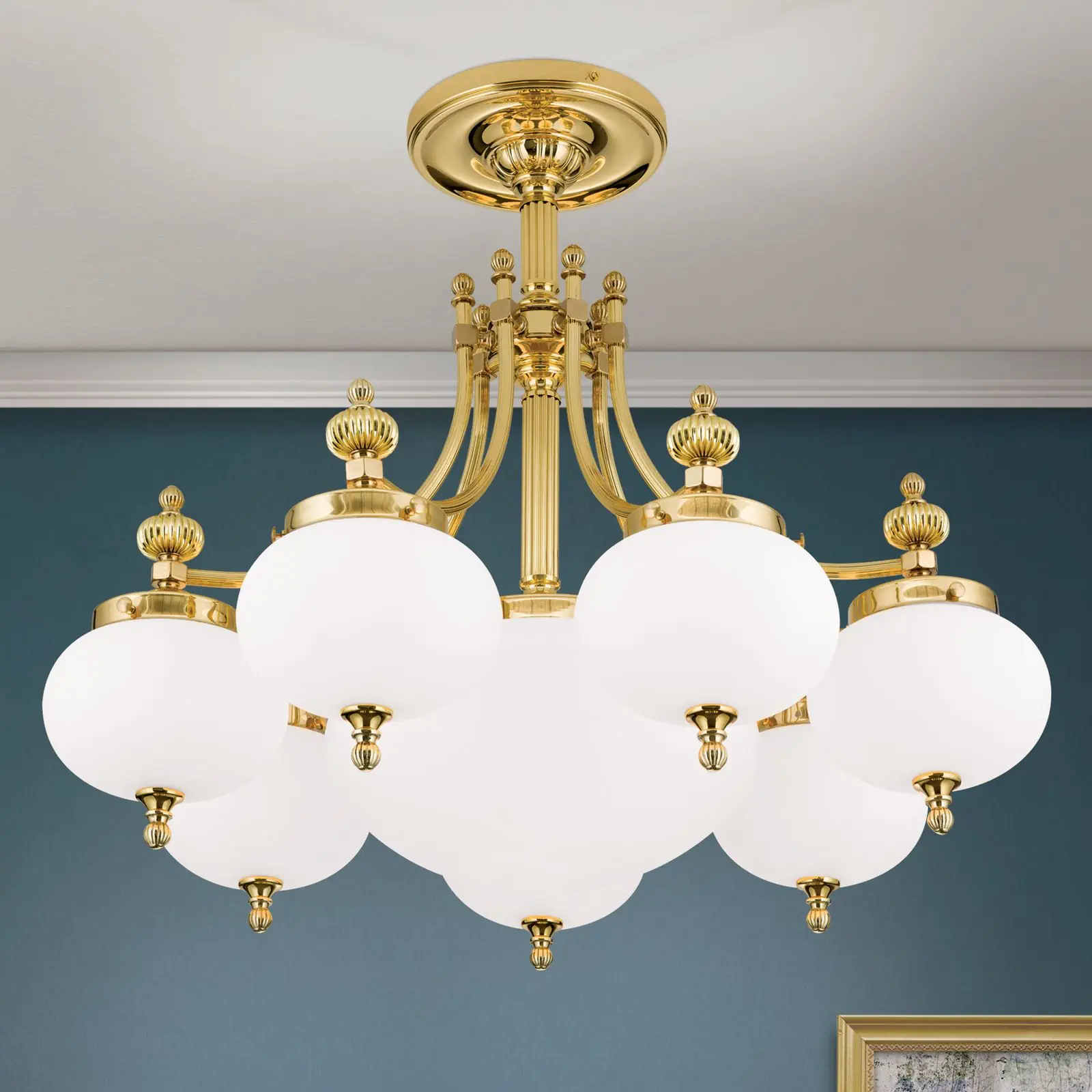 Plafonski luster WIENER NOSTALGIE, sa 7+1 izvora svetla, sjajni mesing, sa opalno mat staklom - 2