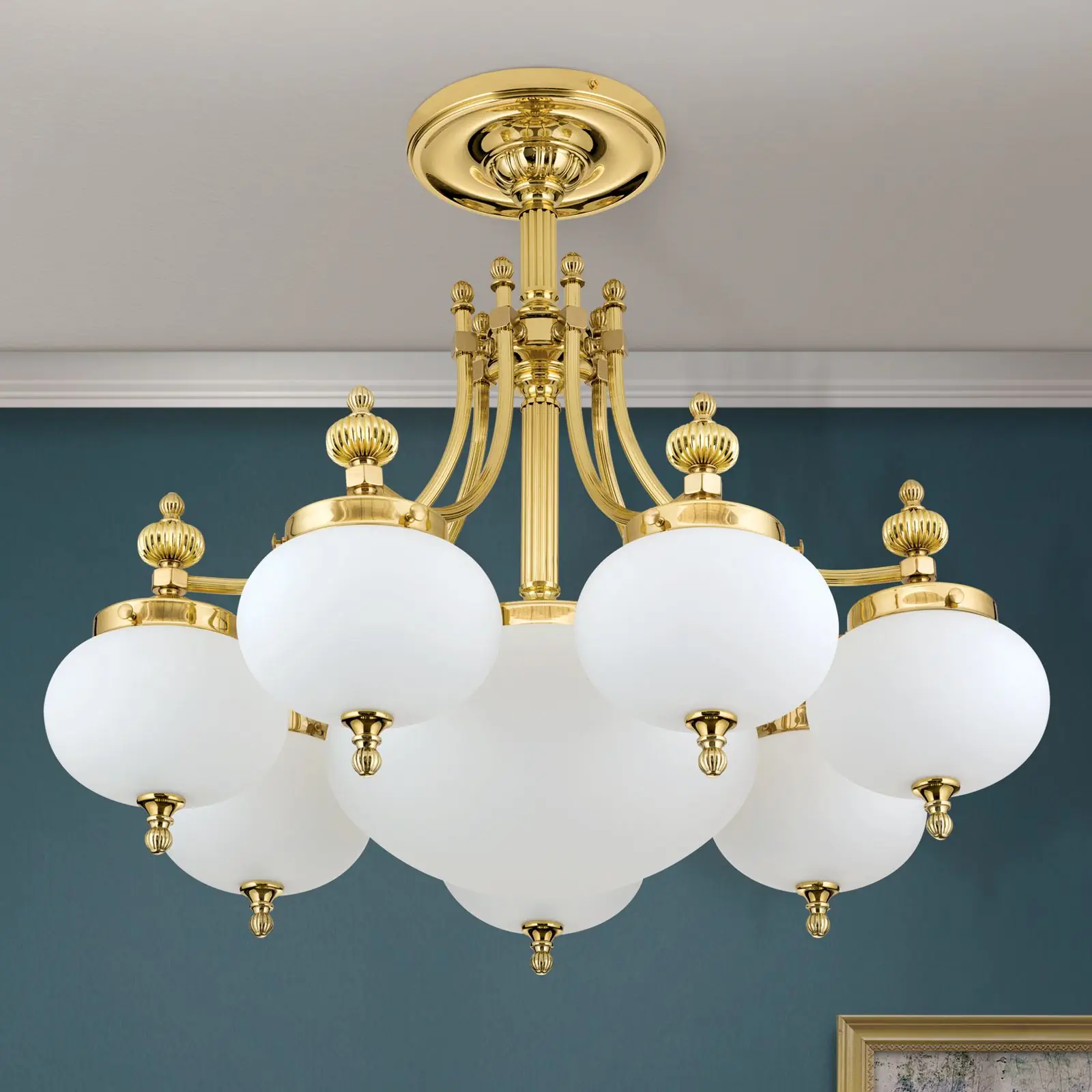 Plafonski luster WIENER NOSTALGIE, sa 7+1 izvora svetla, sjajni mesing, sa opalno mat staklom - 3