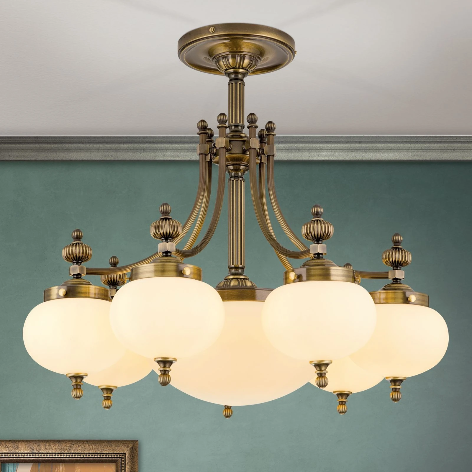 Plafonski luster WIENER NOSTALGIE, 7+1 izvora svetla, antik mesing, šampanj staklo