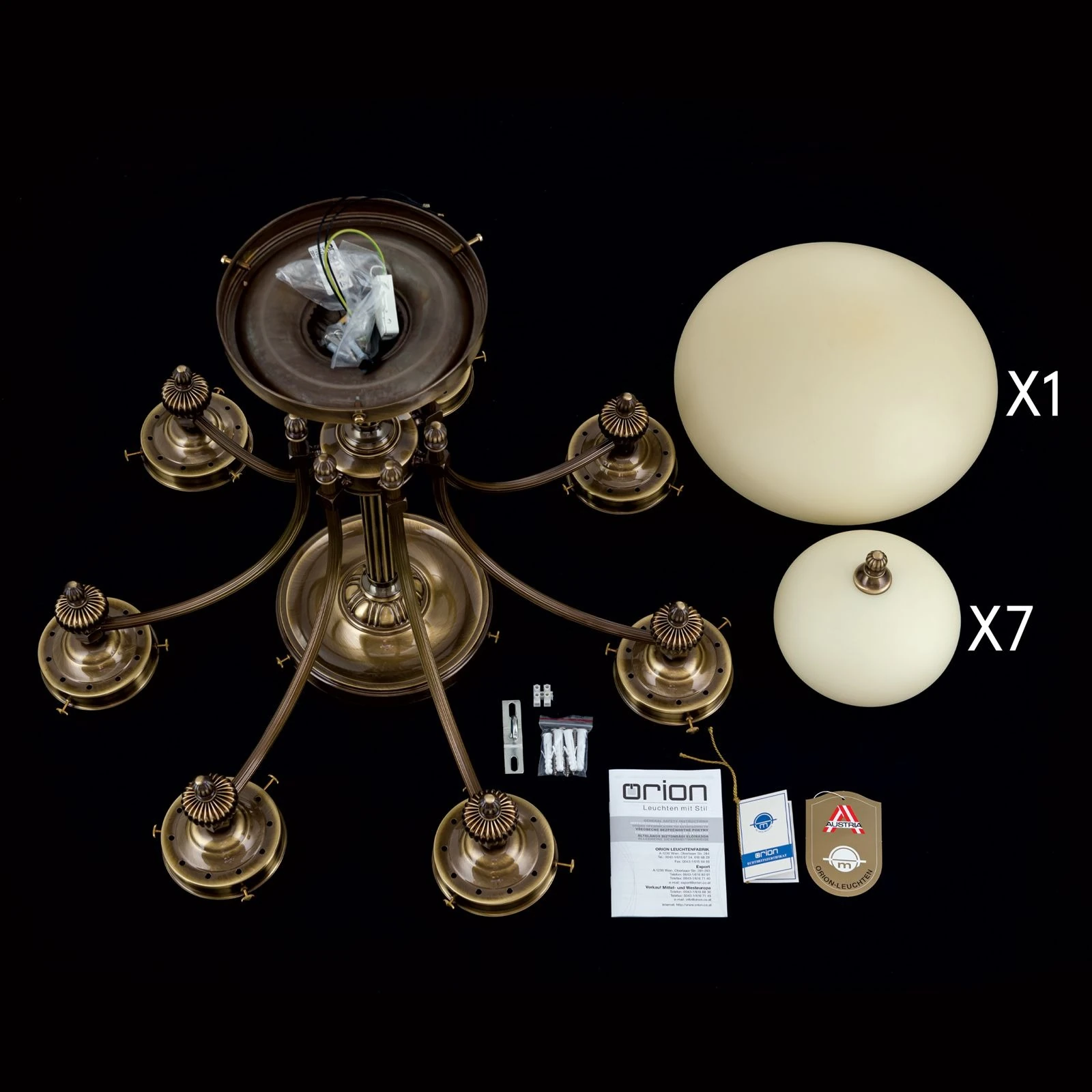 Plafonski luster WIENER NOSTALGIE, 7+1 izvora svetla, antik mesing, šampanj staklo - 8