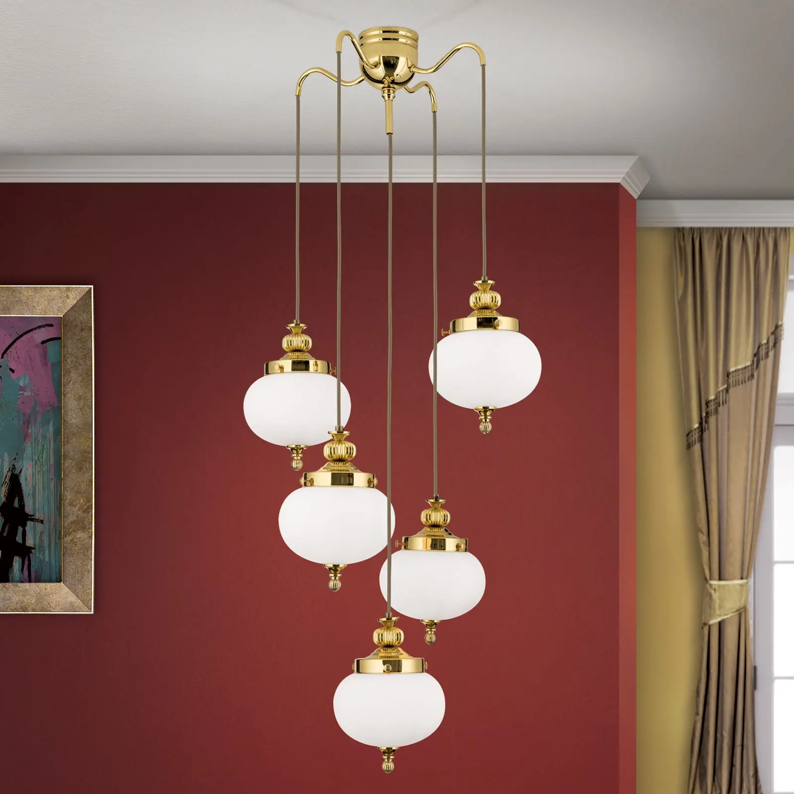 Luster WIENER NOSTALGIE, 4+1 izvora svetla, sjajni mesing, sa opal mat staklom