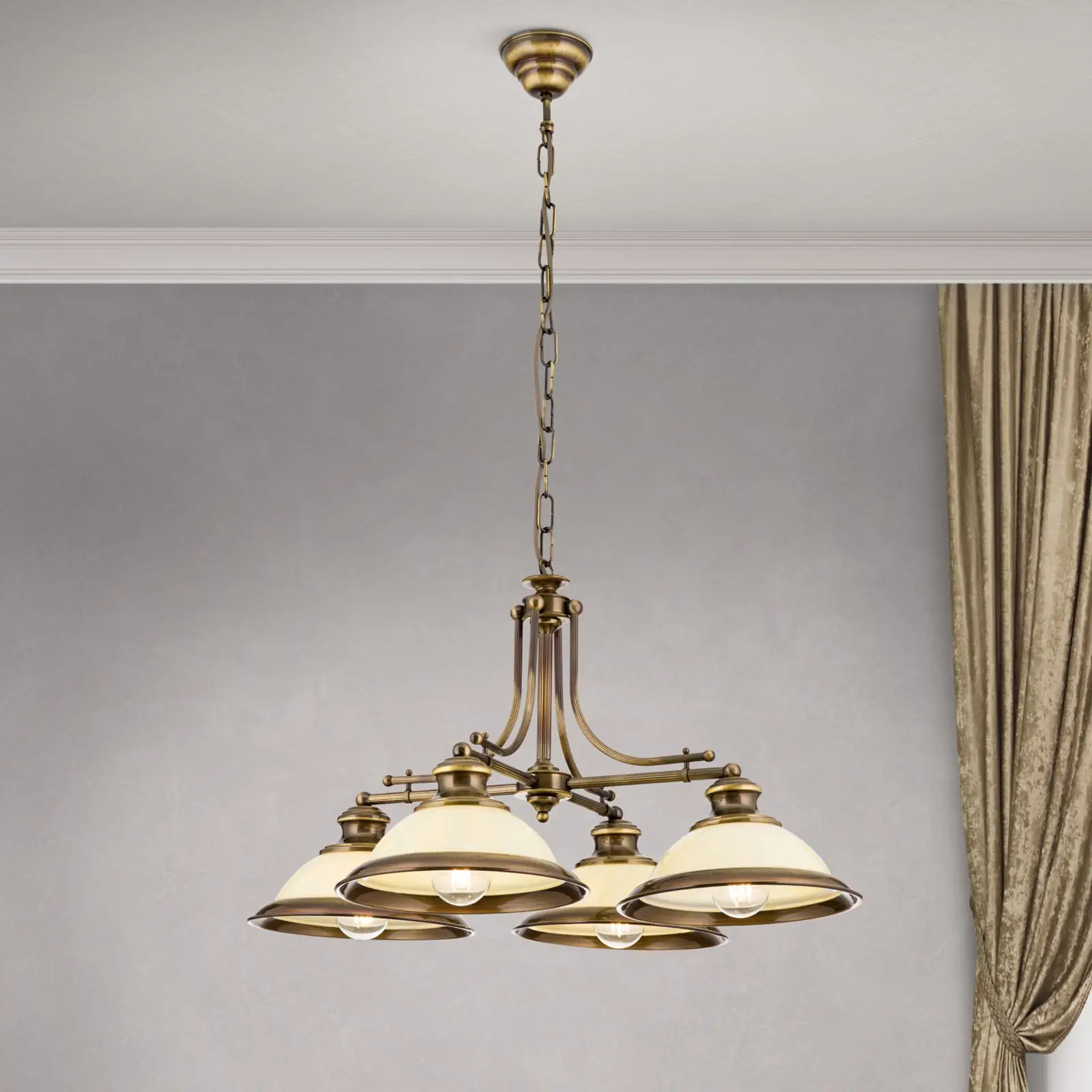 Luster AUSTRIAN OLD LAMP, antik mesing, 4 šampanj staklena abažura