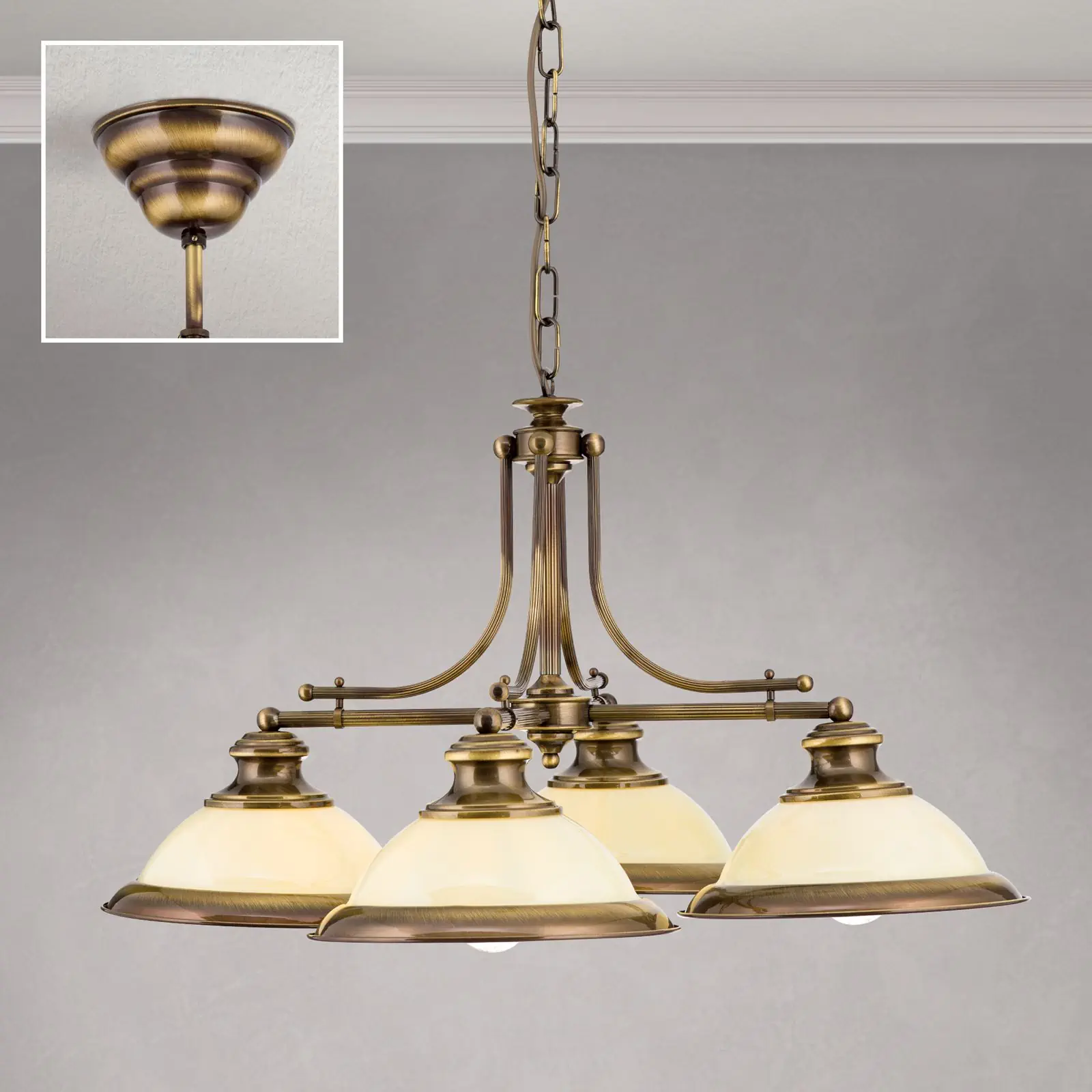 Luster AUSTRIAN OLD LAMP, antik mesing, 4 šampanj staklena abažura - 2