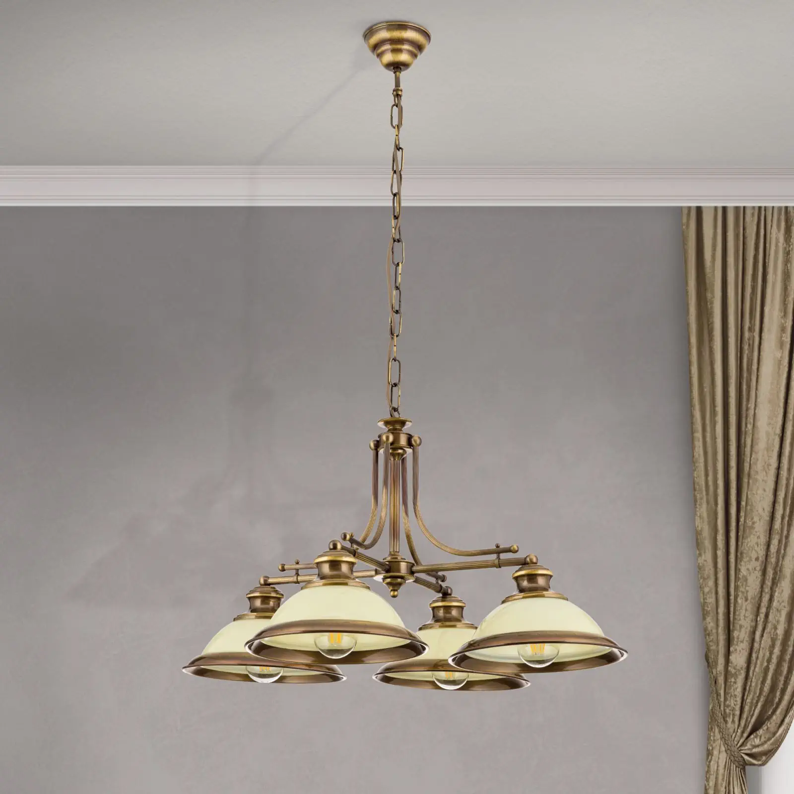 Luster AUSTRIAN OLD LAMP, antik mesing, 4 šampanj staklena abažura - 3