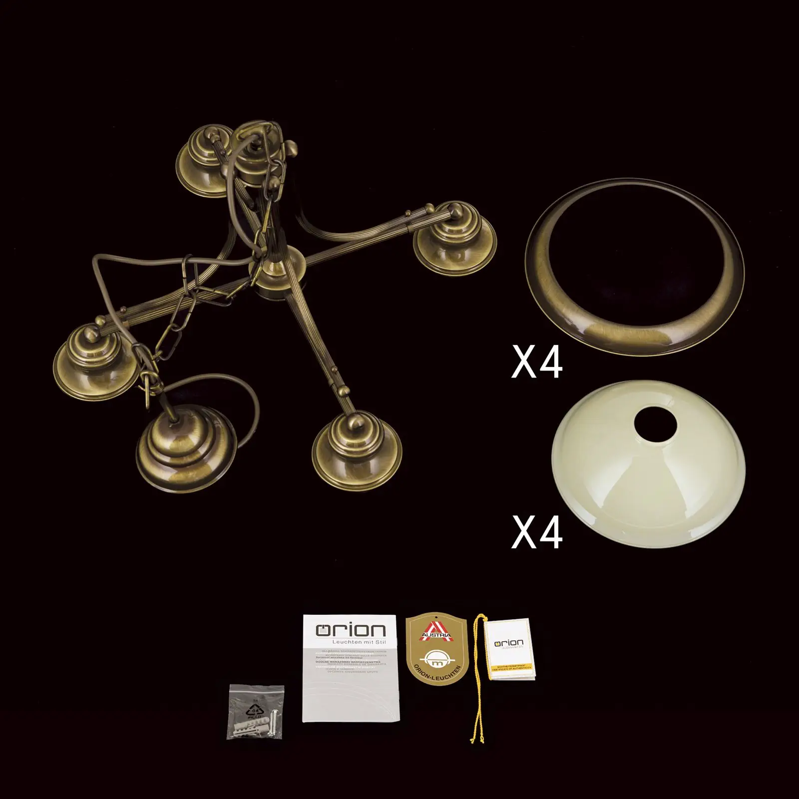 Luster AUSTRIAN OLD LAMP, antik mesing, 4 šampanj staklena abažura - 8