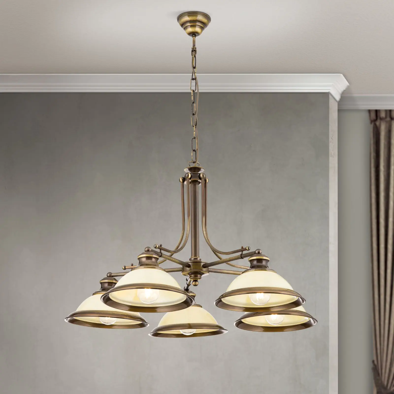 Luster AUSTRIAN OLD LAMP, antik mesing, 5 šampanj staklenih abažura