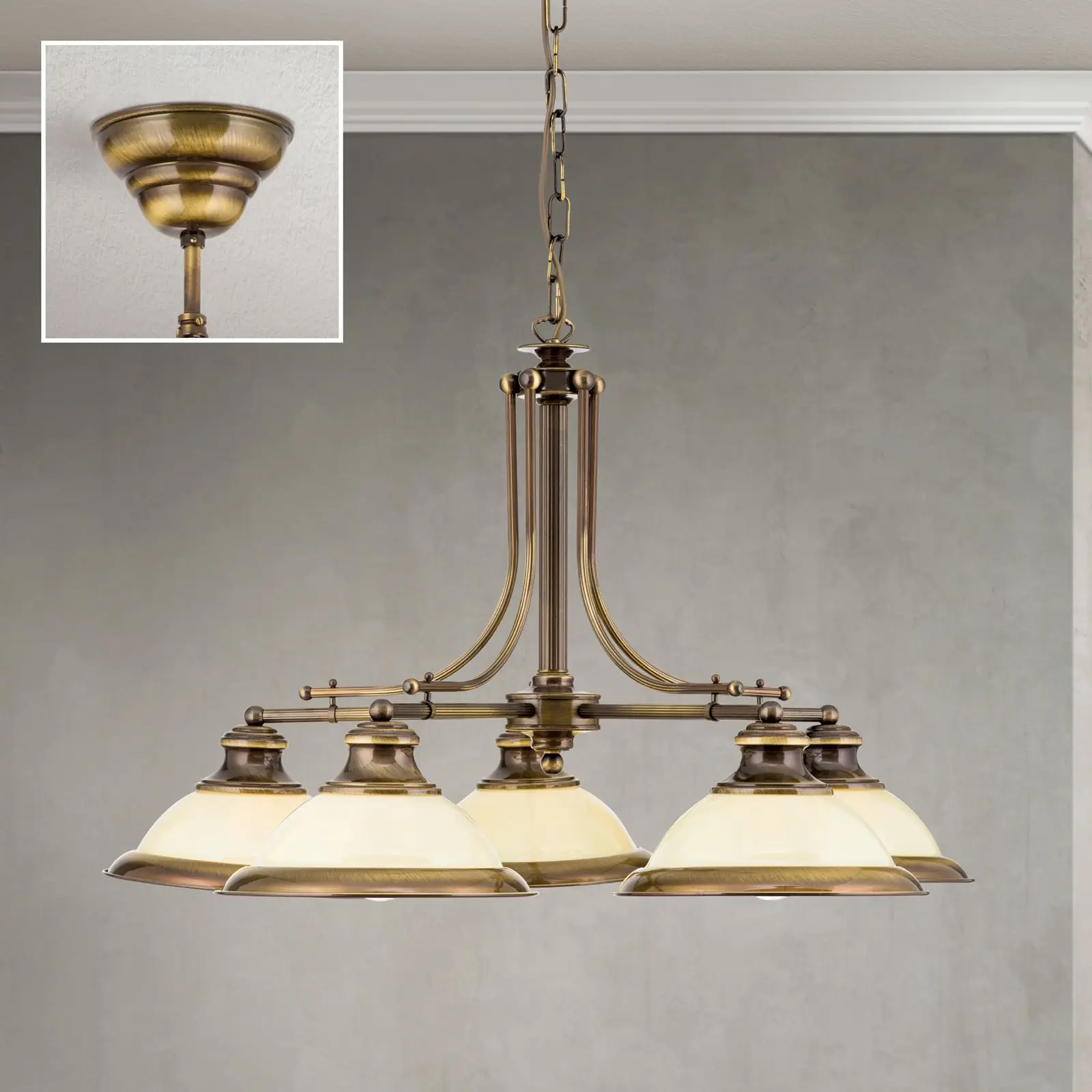 Luster AUSTRIAN OLD LAMP, antik mesing, 5 šampanj staklenih abažura - 2