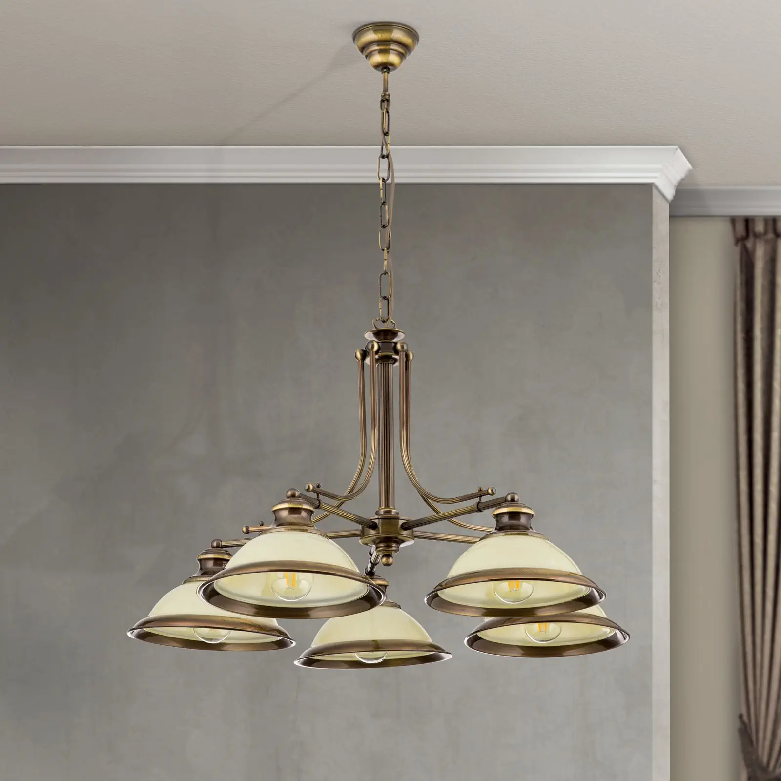 Luster AUSTRIAN OLD LAMP, antik mesing, 5 šampanj staklenih abažura - 3