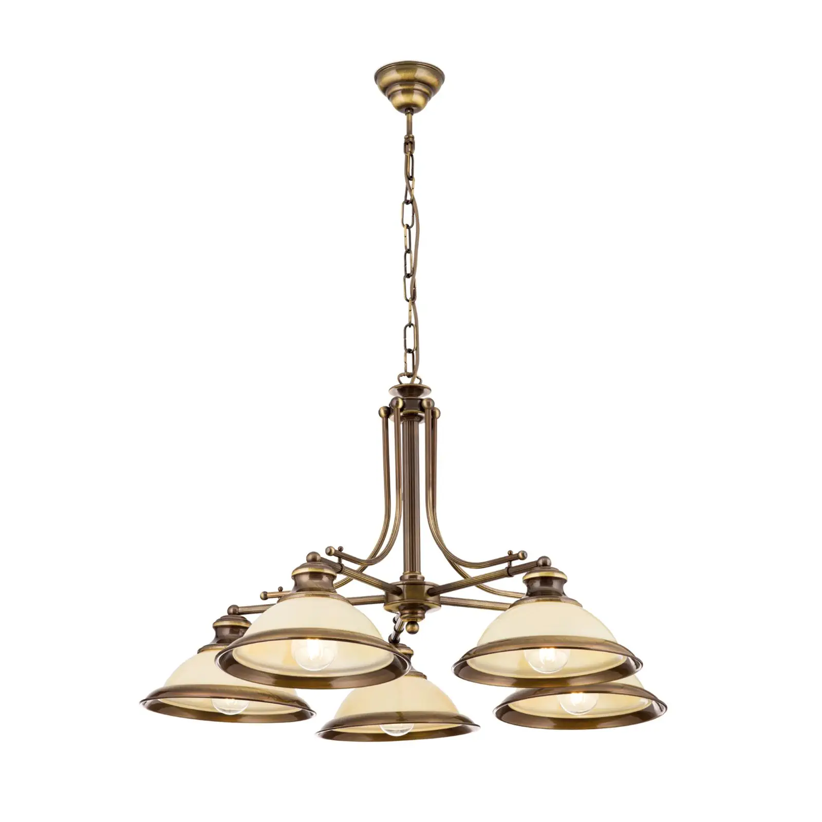 Luster AUSTRIAN OLD LAMP, antik mesing, 5 šampanj staklenih abažura - 4