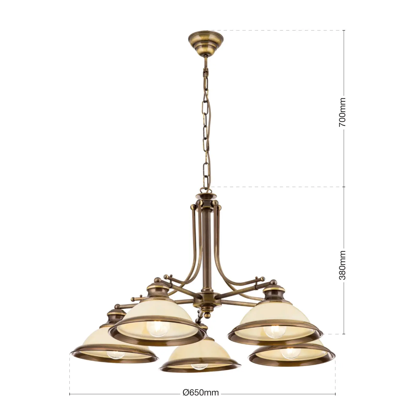 Luster AUSTRIAN OLD LAMP, antik mesing, 5 šampanj staklenih abažura - 7