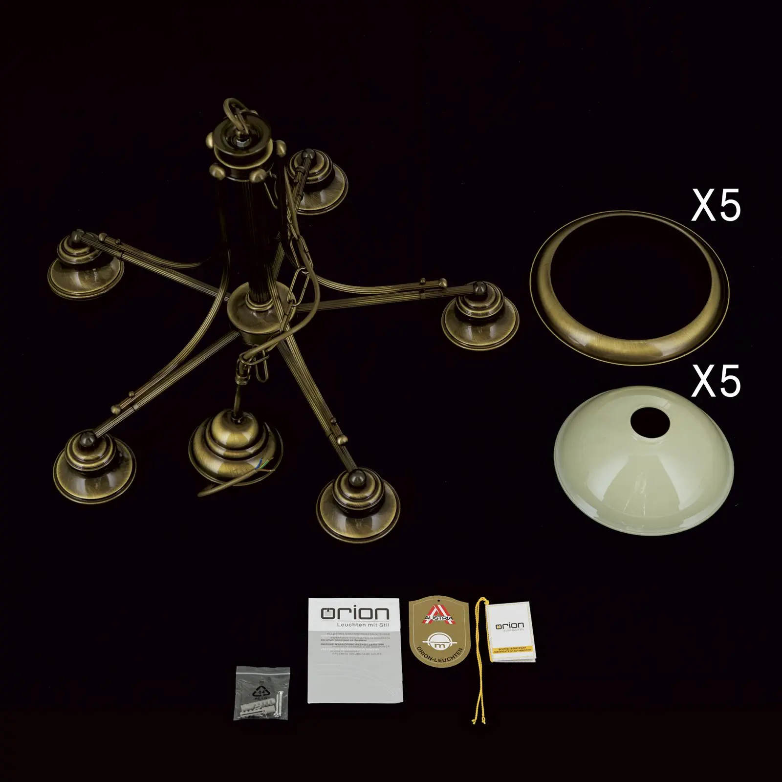 Luster AUSTRIAN OLD LAMP, antik mesing, 5 šampanj staklenih abažura - 8