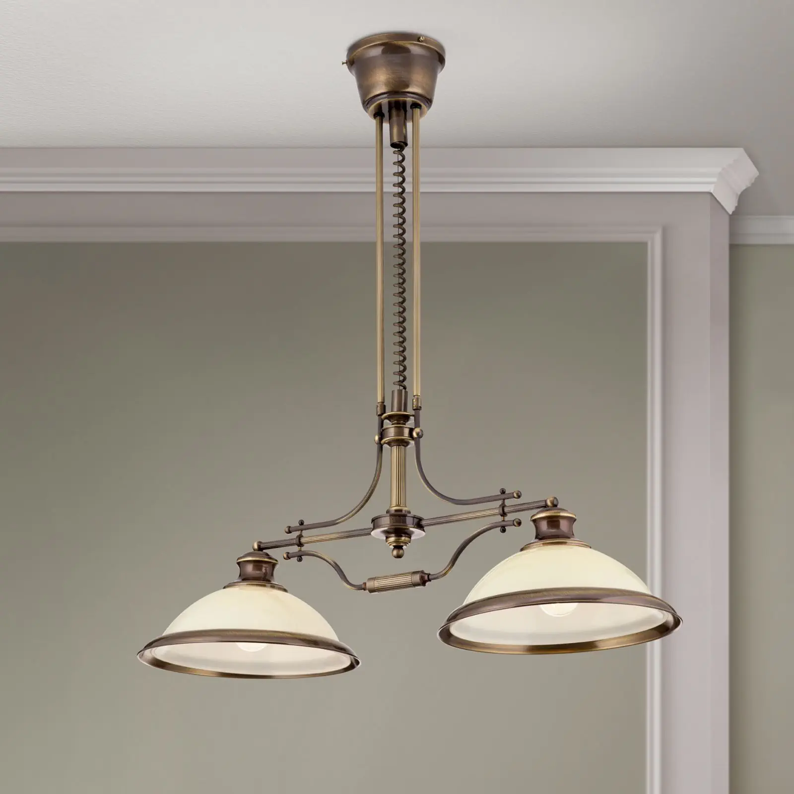 Luster AUSTRIAN OLD LAMP, antik mesing, 2 šampanj staklena abažura, sa sistemom za podizanje (kontra-teg)