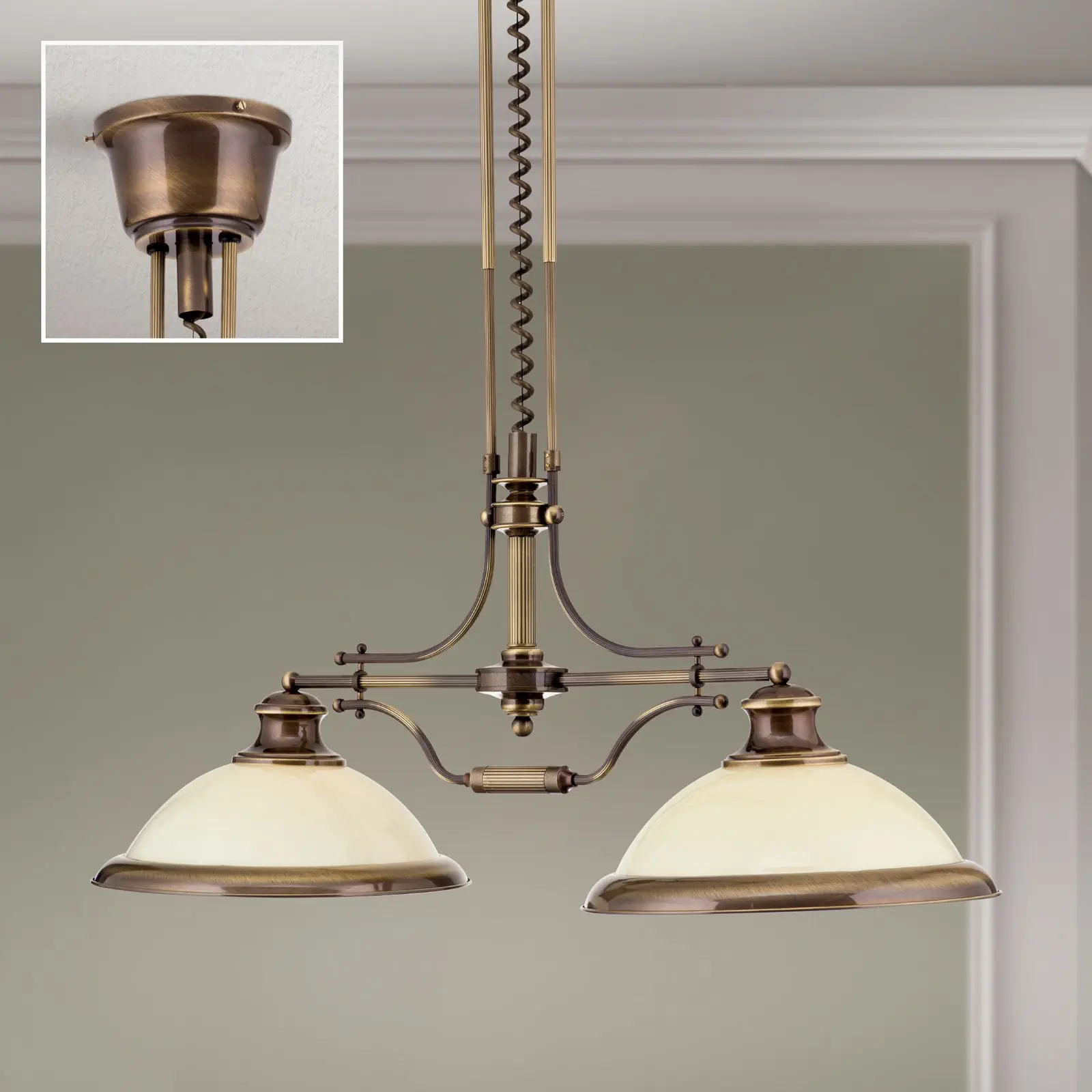 Luster AUSTRIAN OLD LAMP, antik mesing, 2 šampanj staklena abažura, sa sistemom za podizanje (kontra-teg) - 2