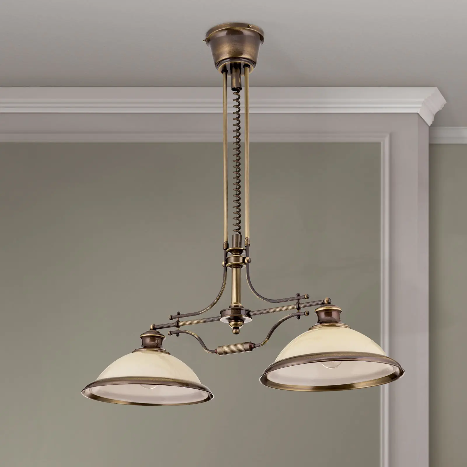 Luster AUSTRIAN OLD LAMP, antik mesing, 2 šampanj staklena abažura, sa sistemom za podizanje (kontra-teg) - 3