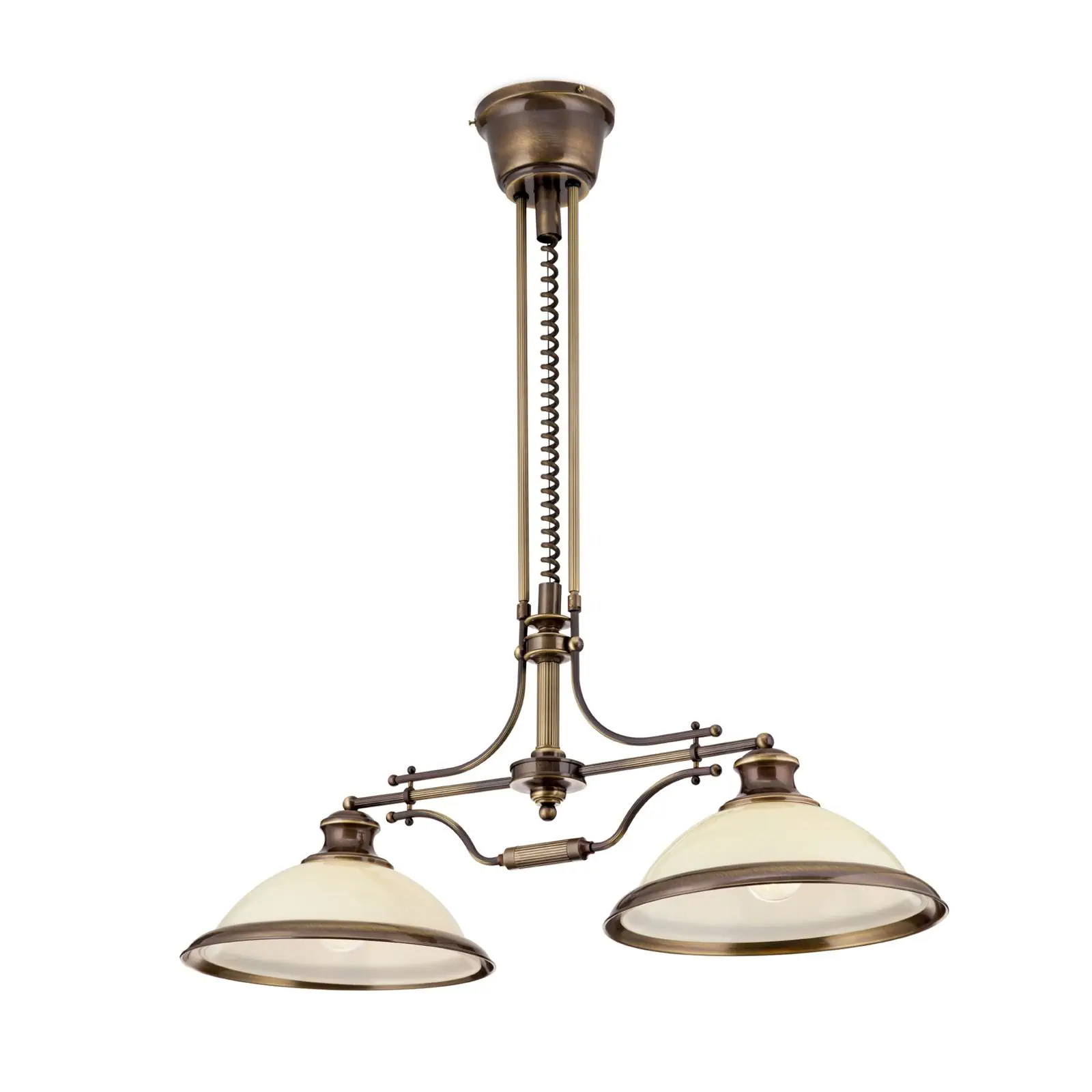 Luster AUSTRIAN OLD LAMP, antik mesing, 2 šampanj staklena abažura, sa sistemom za podizanje (kontra-teg) - 4