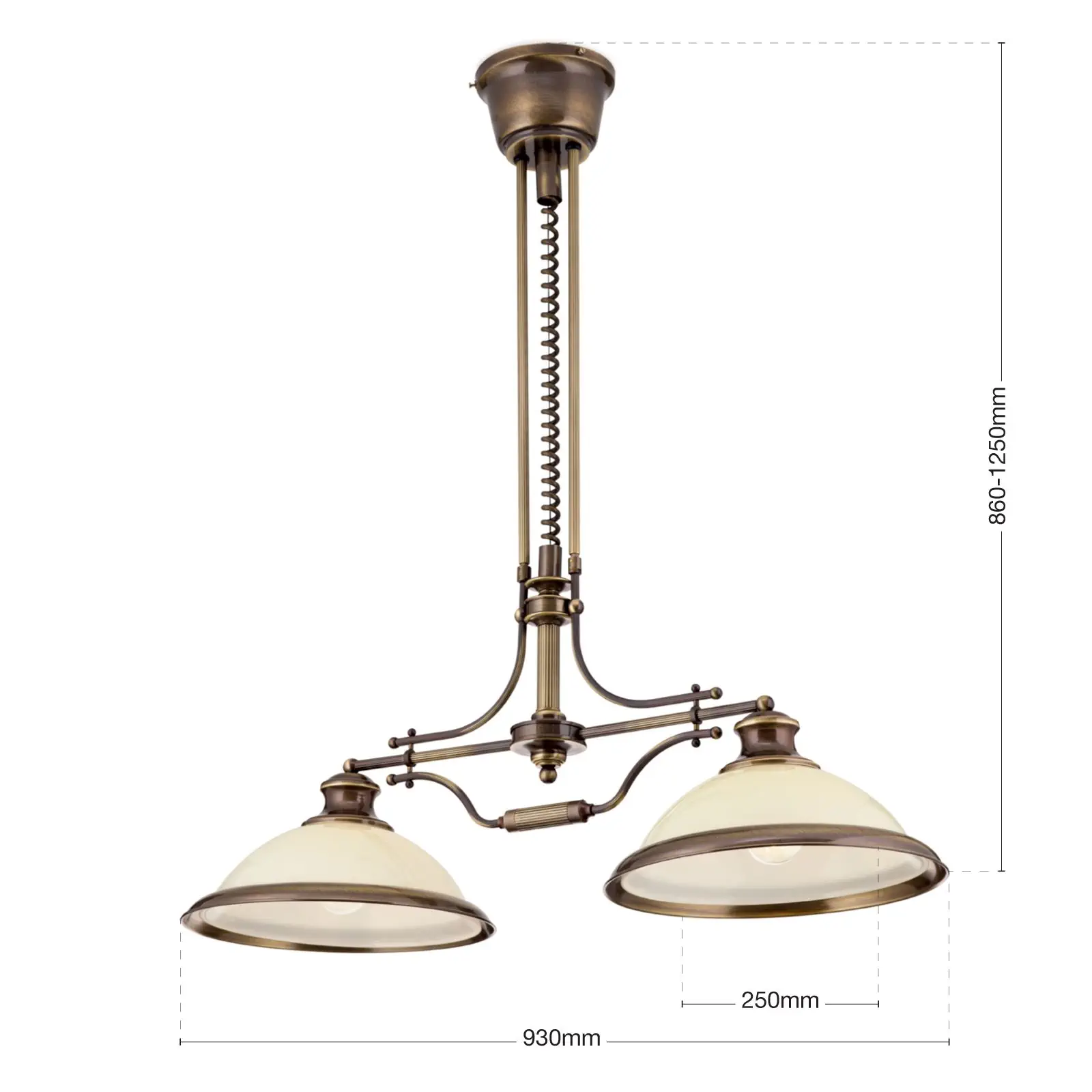 Luster AUSTRIAN OLD LAMP, antik mesing, 2 šampanj staklena abažura, sa sistemom za podizanje (kontra-teg) - 7