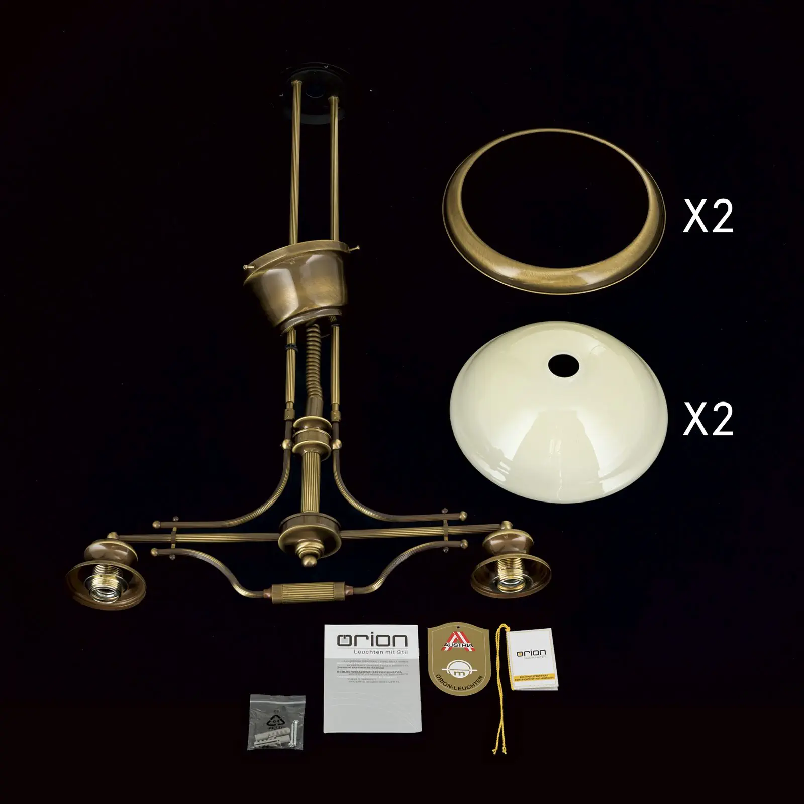 Luster AUSTRIAN OLD LAMP, antik mesing, 2 šampanj staklena abažura, sa sistemom za podizanje (kontra-teg) - 8