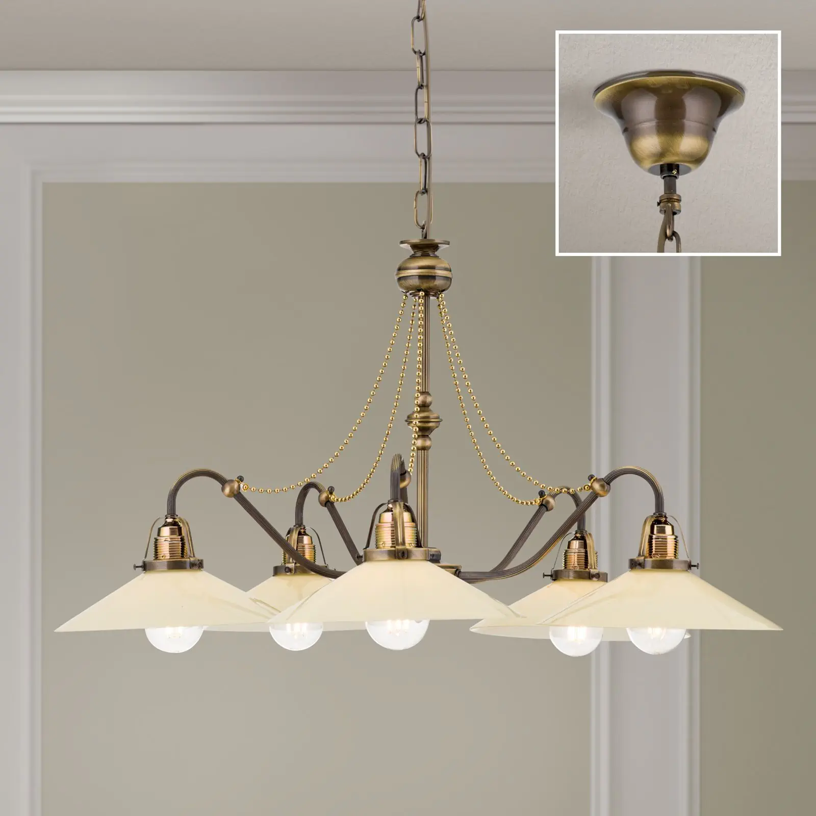 Luster ARTDESIGN, antik mesing, šampanj abažuri, 5 svetlosnih izvora - 2