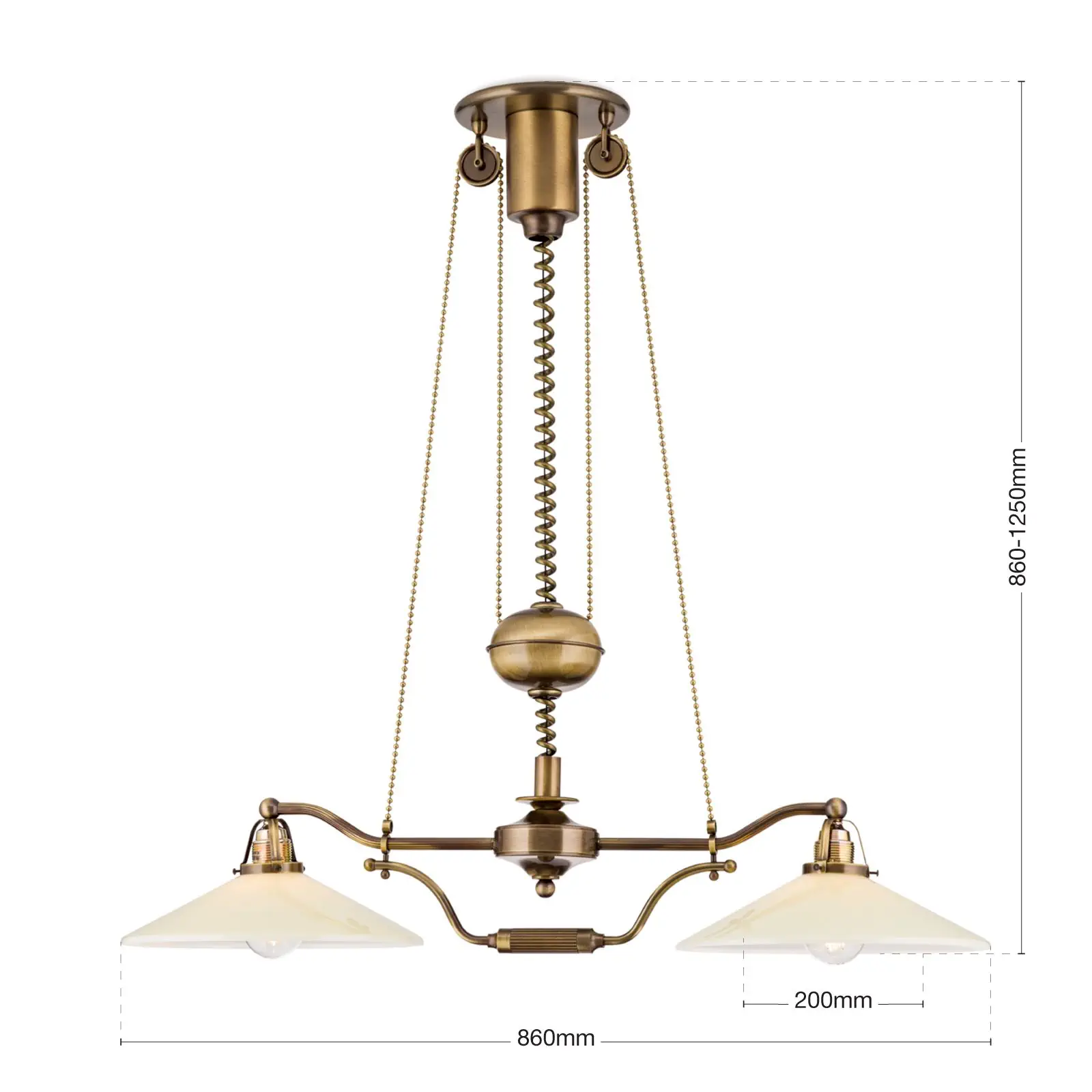 Luster ARTDESIGN, antik mesing, šampanj abažuri, 2 svetlosna izvora + mehanizam za podešavanje visine (kontra-teg) - 7