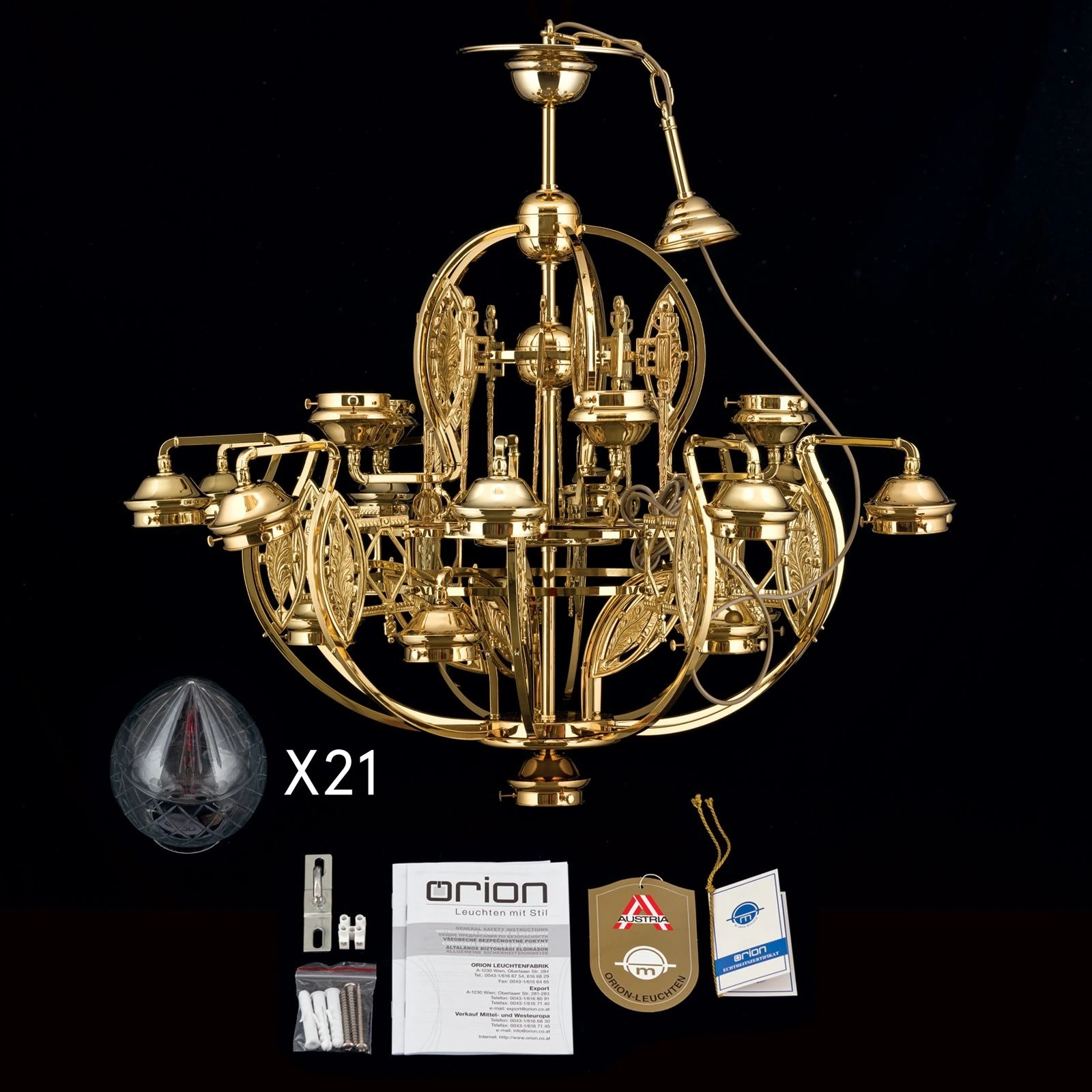 Luster BUDAPEST, 21 izvor svetla, 24-karatno pozlaćen, providno kristalno staklo - 8