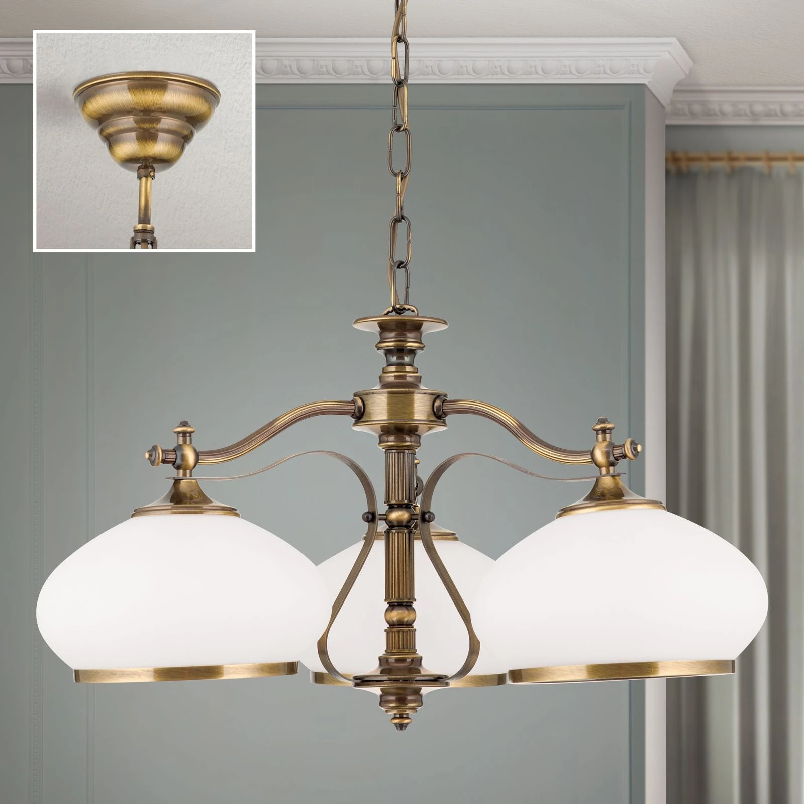 Luster EMPIRE, 3 svetla, antik mesing, opalno staklo (patina) - 2
