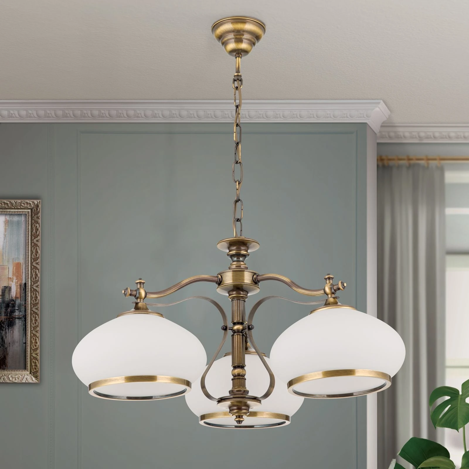 Luster EMPIRE, 3 svetla, antik mesing, opalno staklo (patina) - 3