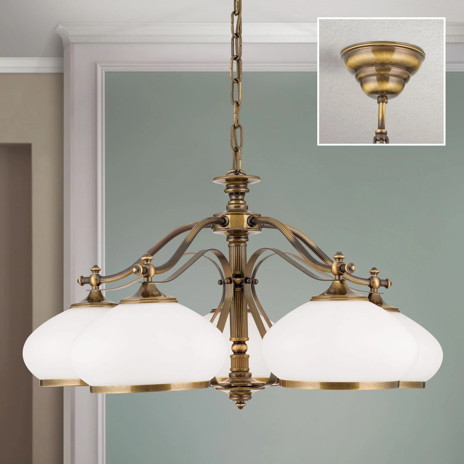 Luster EMPIRE, 5 svetla, antik mesing, opalno staklo (patina) - 2