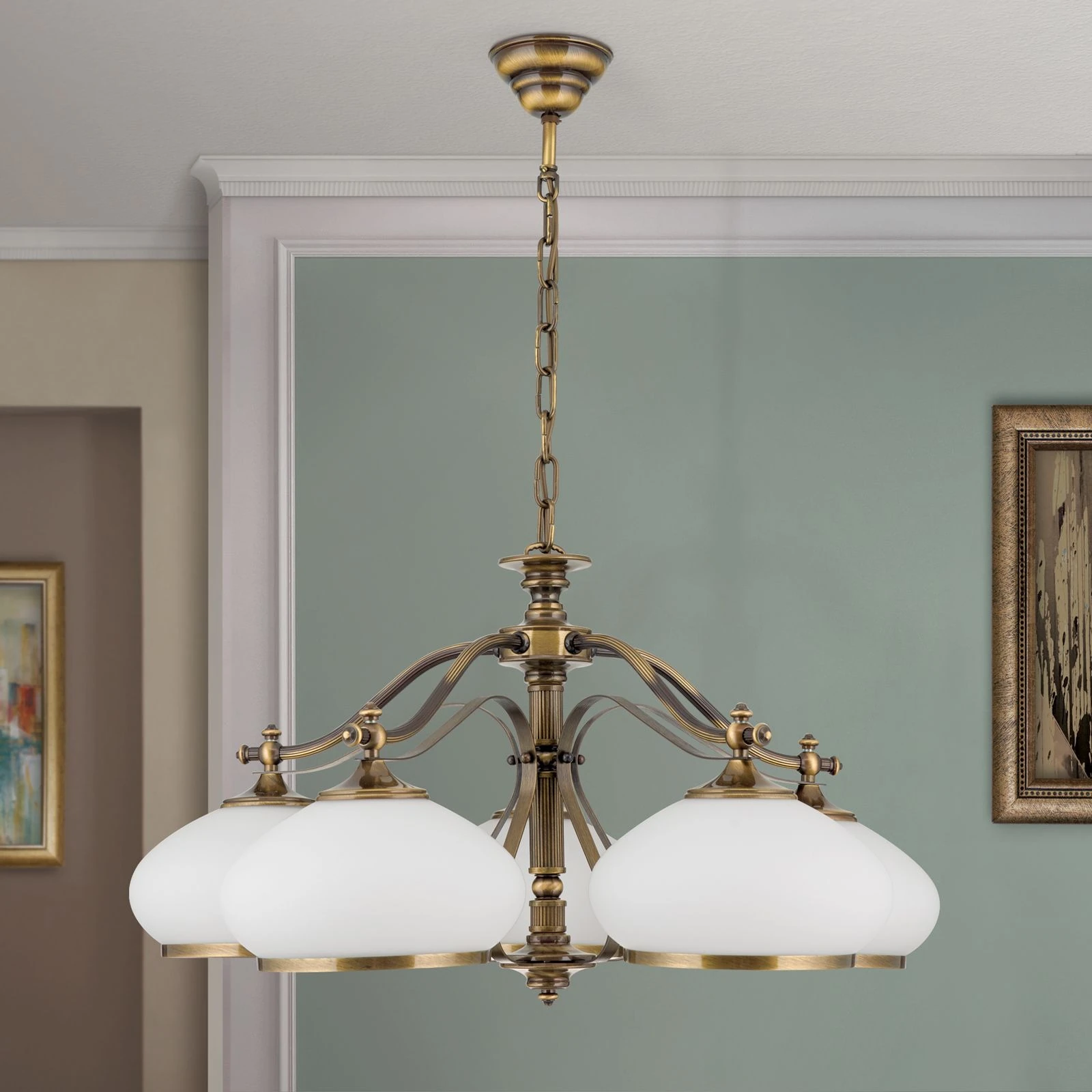 Luster EMPIRE, 5 svetla, antik mesing, opalno staklo (patina) - 3