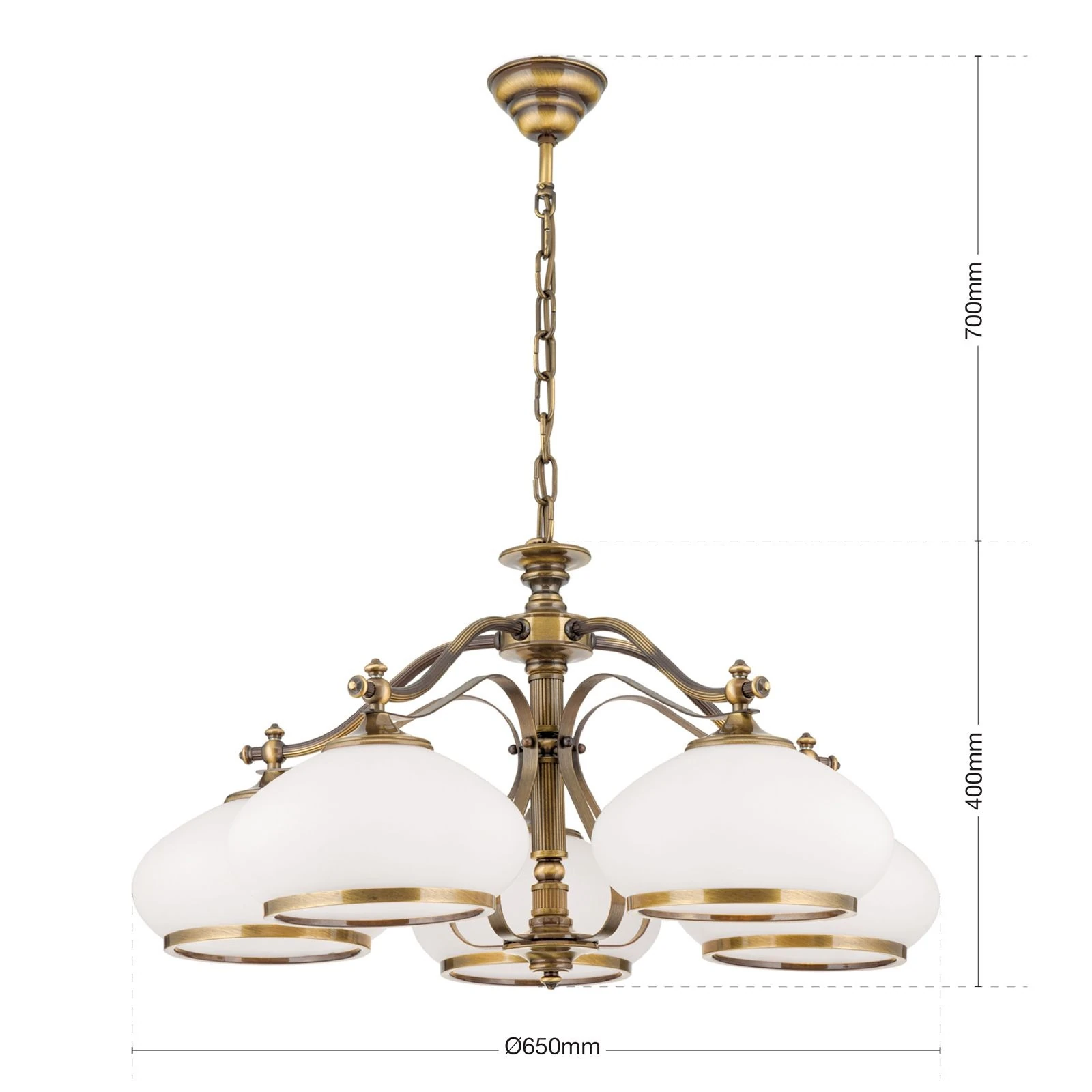 Luster EMPIRE, 5 svetla, antik mesing, opalno staklo (patina) - 7