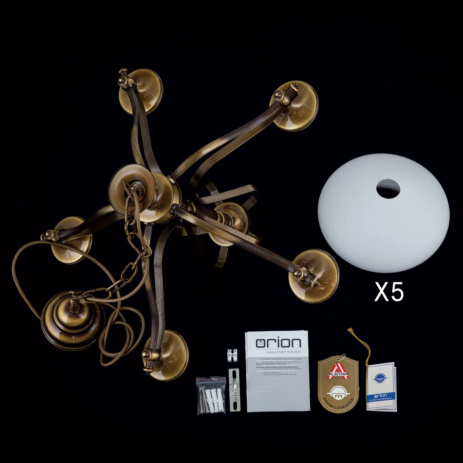 Luster EMPIRE, 5 svetla, antik mesing, opalno staklo (patina) - 8