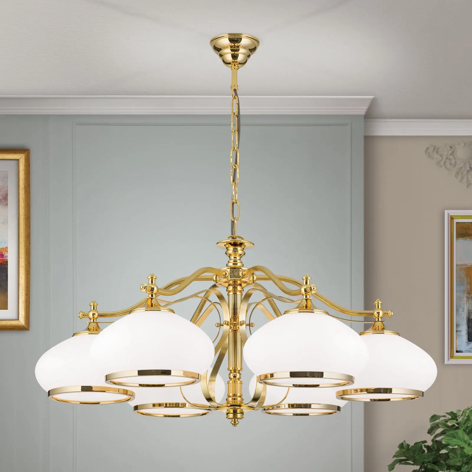 Luster EMPIRE, 6 svetala, zlato, sa opalno-zlatnim staklom