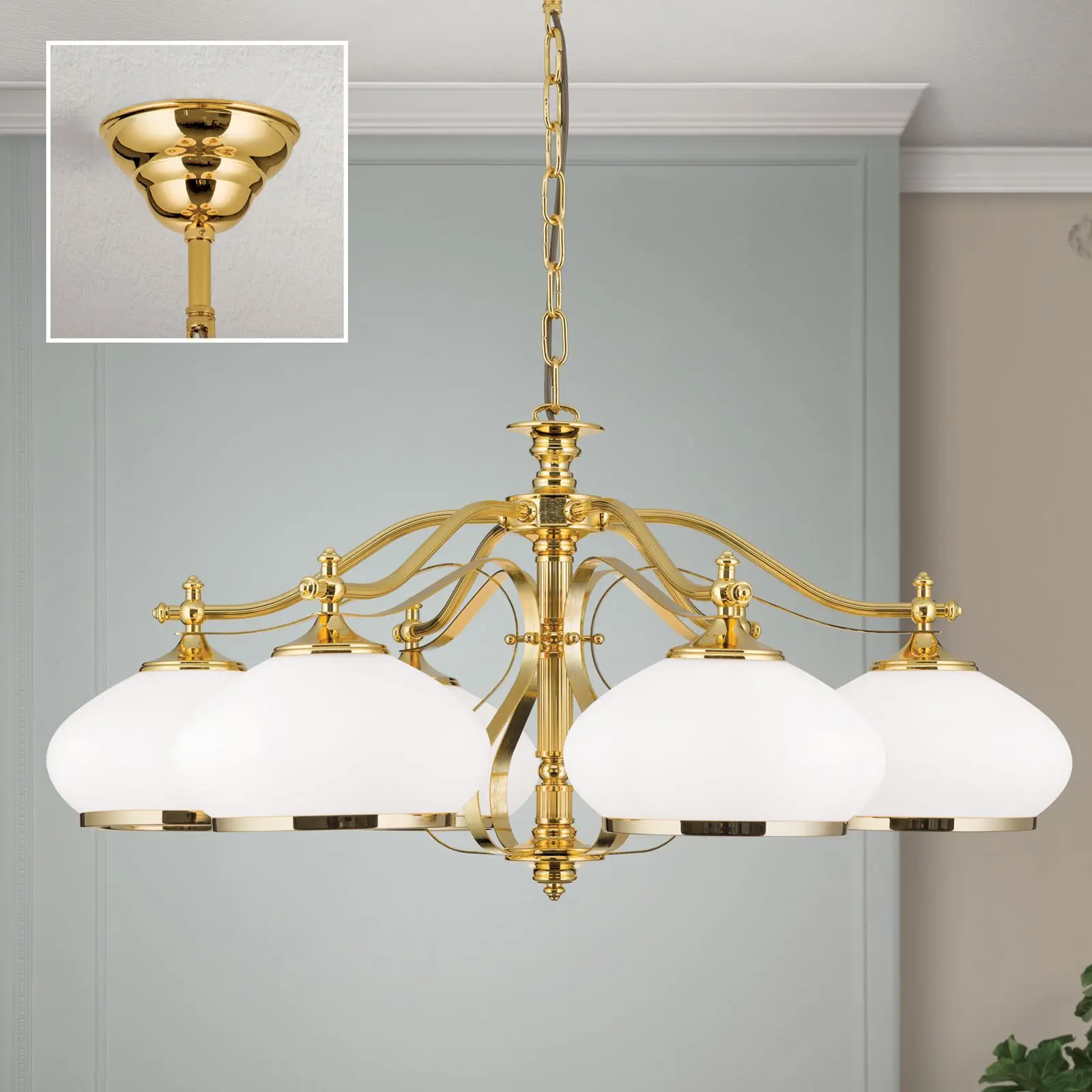 Luster EMPIRE, 6 svetala, zlato, sa opalno-zlatnim staklom - 2