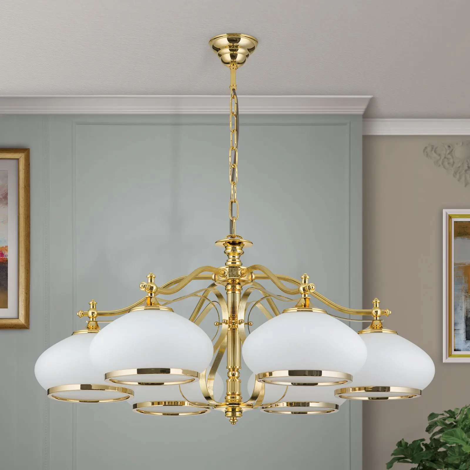 Luster EMPIRE, 6 svetala, zlato, sa opalno-zlatnim staklom - 3