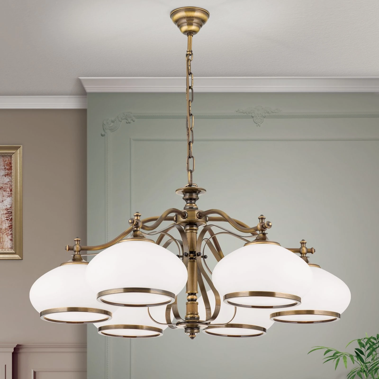 Luster EMPIRE, 6 svetla, antik mesing, opalno staklo (patina)