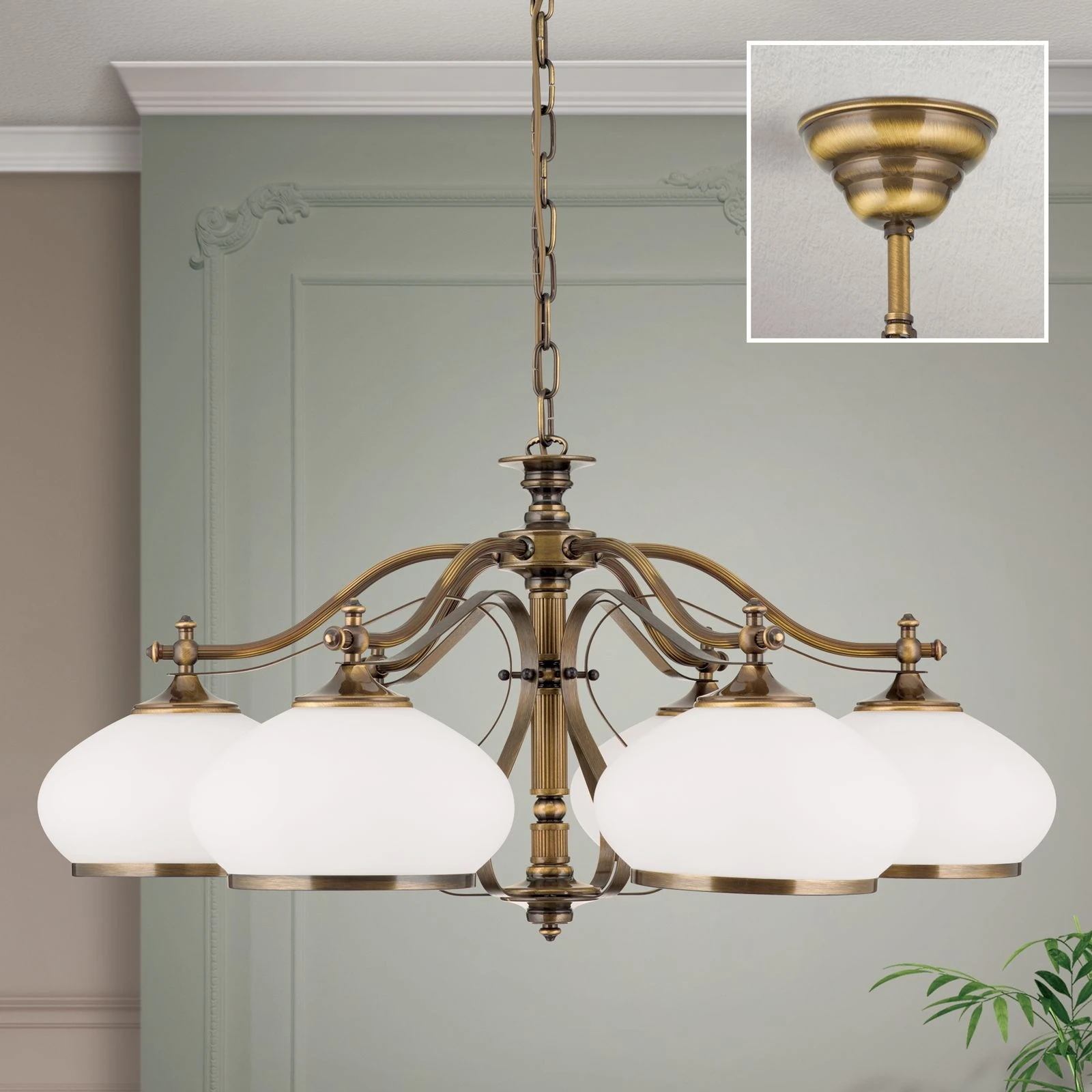Luster EMPIRE, 6 svetla, antik mesing, opalno staklo (patina) - 2